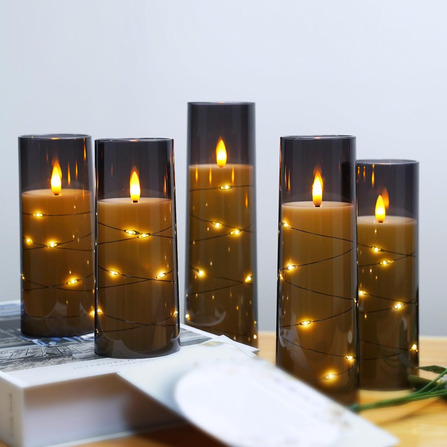 kakoya Flameless LED Candles with Timer 5 Pc Flickering Flameless Candles for Romantic Ambiance and Home Decoration Stable Acrylic Shell,with Embedded Star String,Battery Operated Candles(Grey)