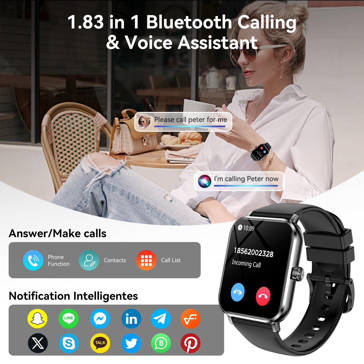 Smart Watch, 1.83" HD Smartwatch for Men Women with 120 Sports Modes, Bluetooth Call & Make Call, Health, Fitness & Sleep Tracker, Timer, 5 ATM Water-Resistance, Fitness Watch for Android/iOS, Black