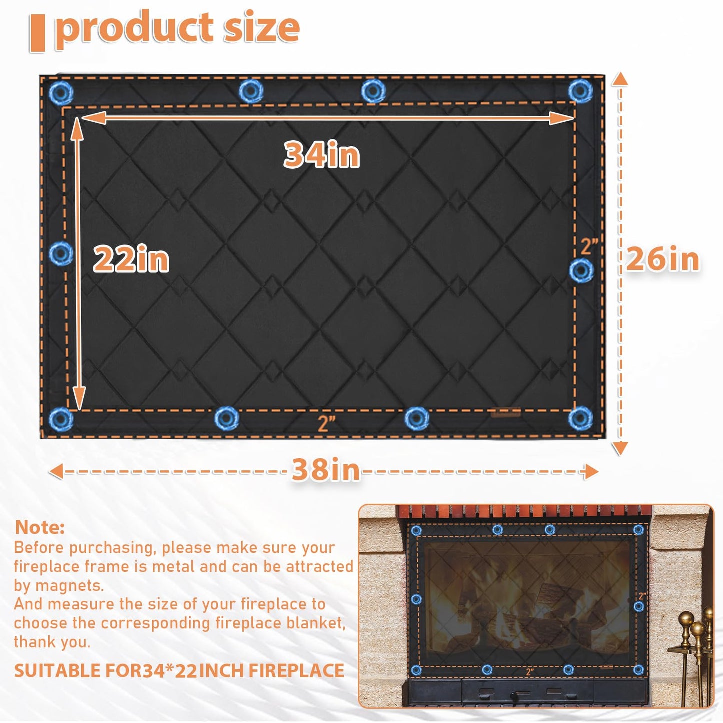 Magnetic Fireplace Cover for Winter, Insulation Fireplace Blanket for Heat Loss with 10 Magnets, Magnetic Fireplace Draft Stopper for Iron Fireplace Frames and Screens, 38" x 26"(Inner Size 34"x22")