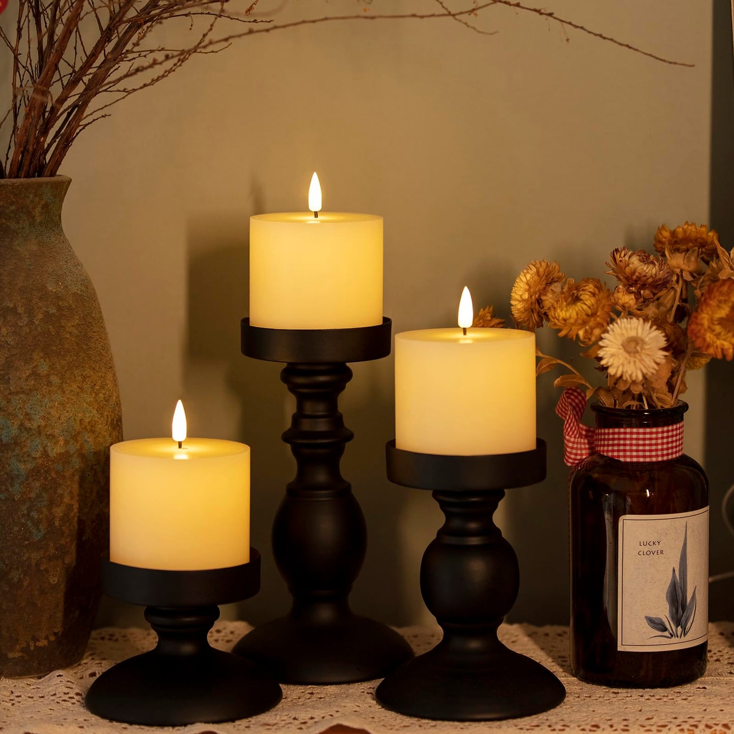 Jolnyus 3x3 inch Ivory Flameless Candles Set of 3 Flickering LED Candles Battery Operated with Remote Control Timers for Concert Fireplace Livingroom Party Dimmable Pillar Candles Flat top
