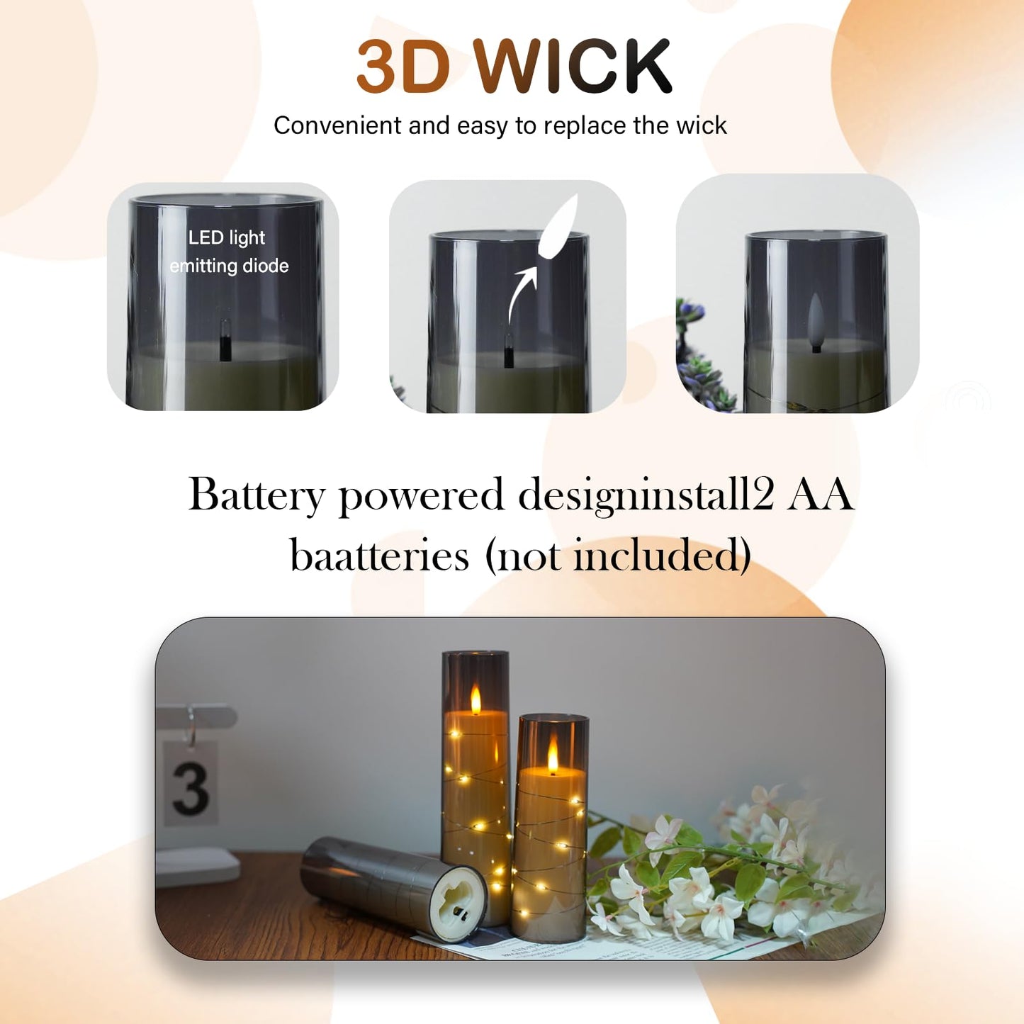 kakoya Flameless LED Candles with Timer 9 Pc Flickering Flameless Candles for Romantic Ambiance and Home Decoration Stable Acrylic Shell,with Embedded Star String,Battery Operated Candles(Grey)