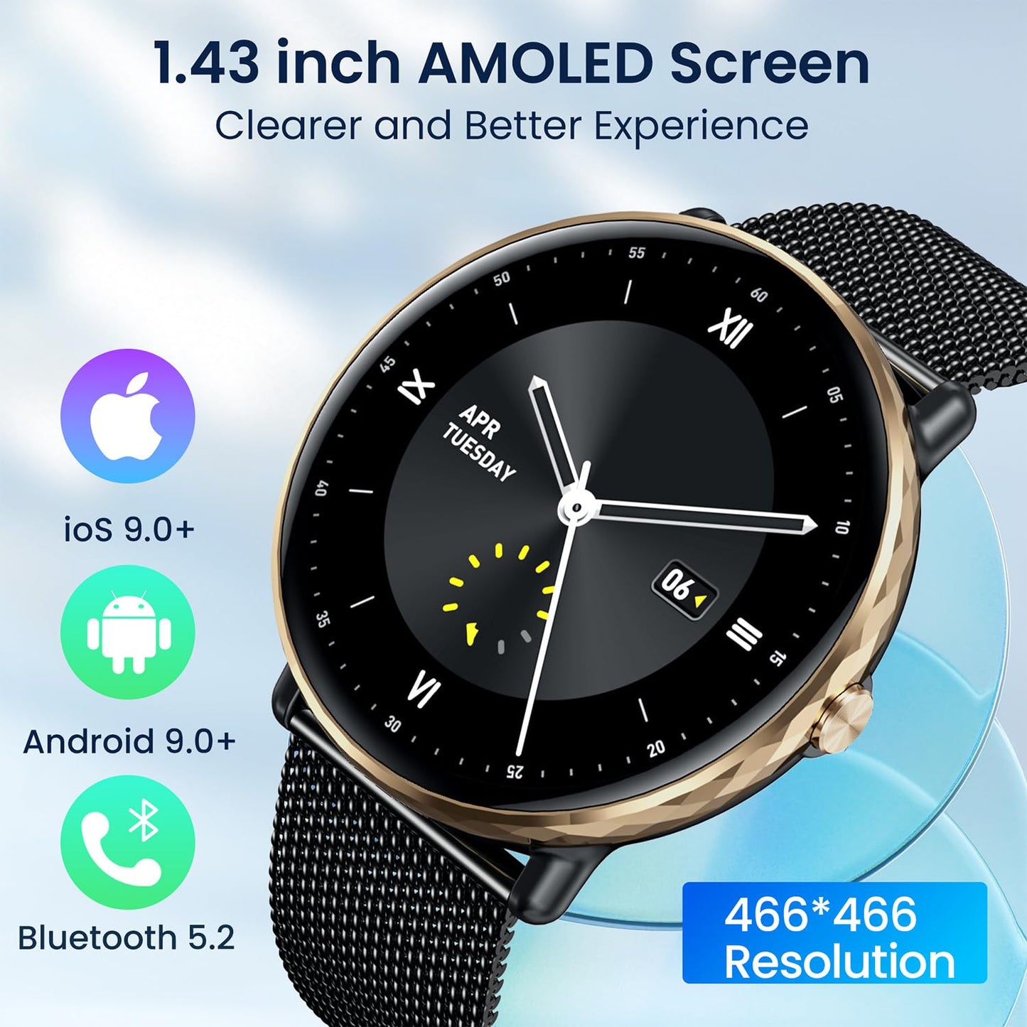 Smart Watches for Men Women Android iOS Phones: Smart Watch for Men Fitness Tracker with 1.43" AMOLED Smart Watches for Women Touchscreen Waterproof Blood Pressure Heart Rate Step Sport Pedometer