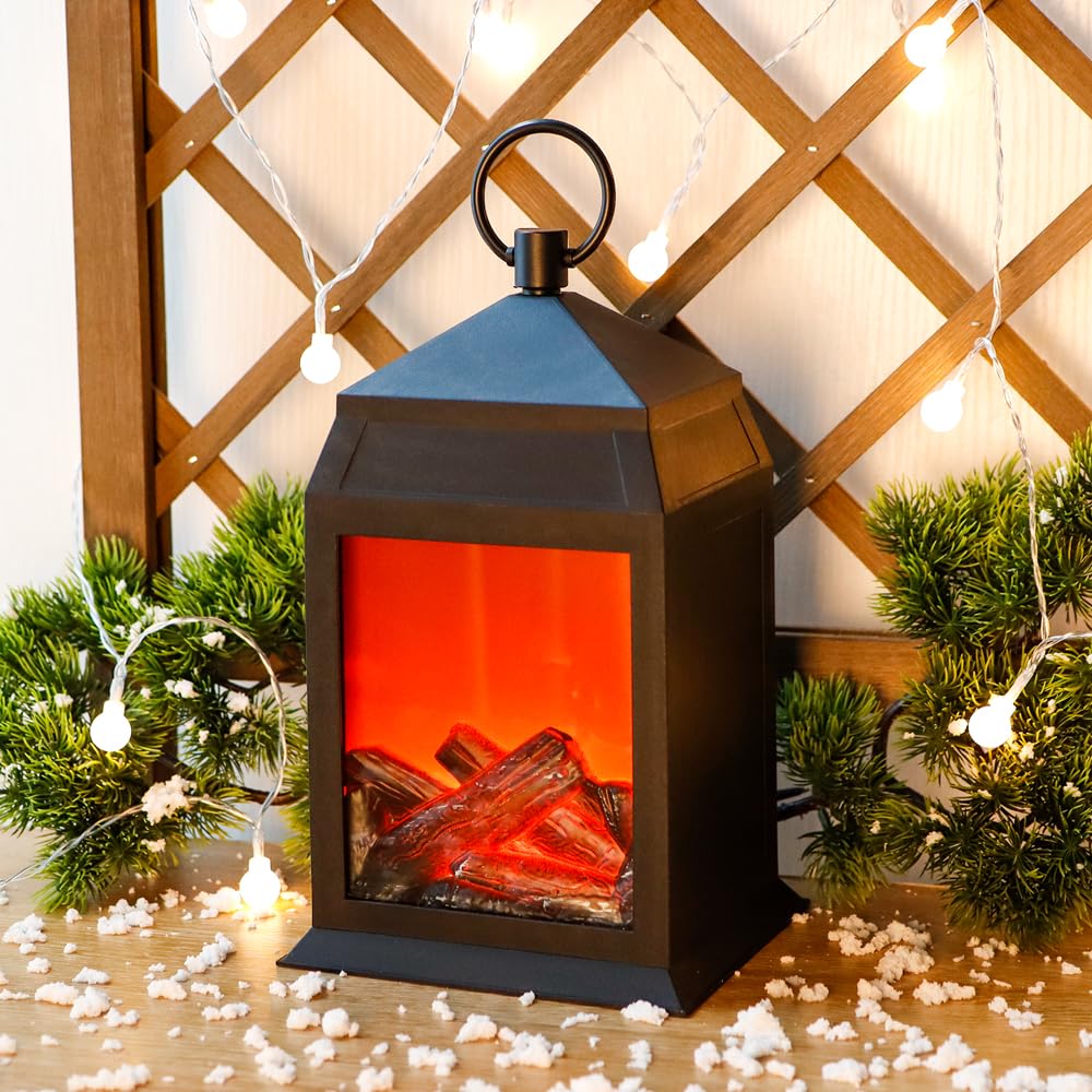 TRIROCKS Flameless Fireplace Lantern 12''High with 6 Hours Timer Portable Cordless Battery Operated Fire Place Lantern with LED Fake Flame Indoor Outdoor Fire Place Lamp for Christmas Halloween