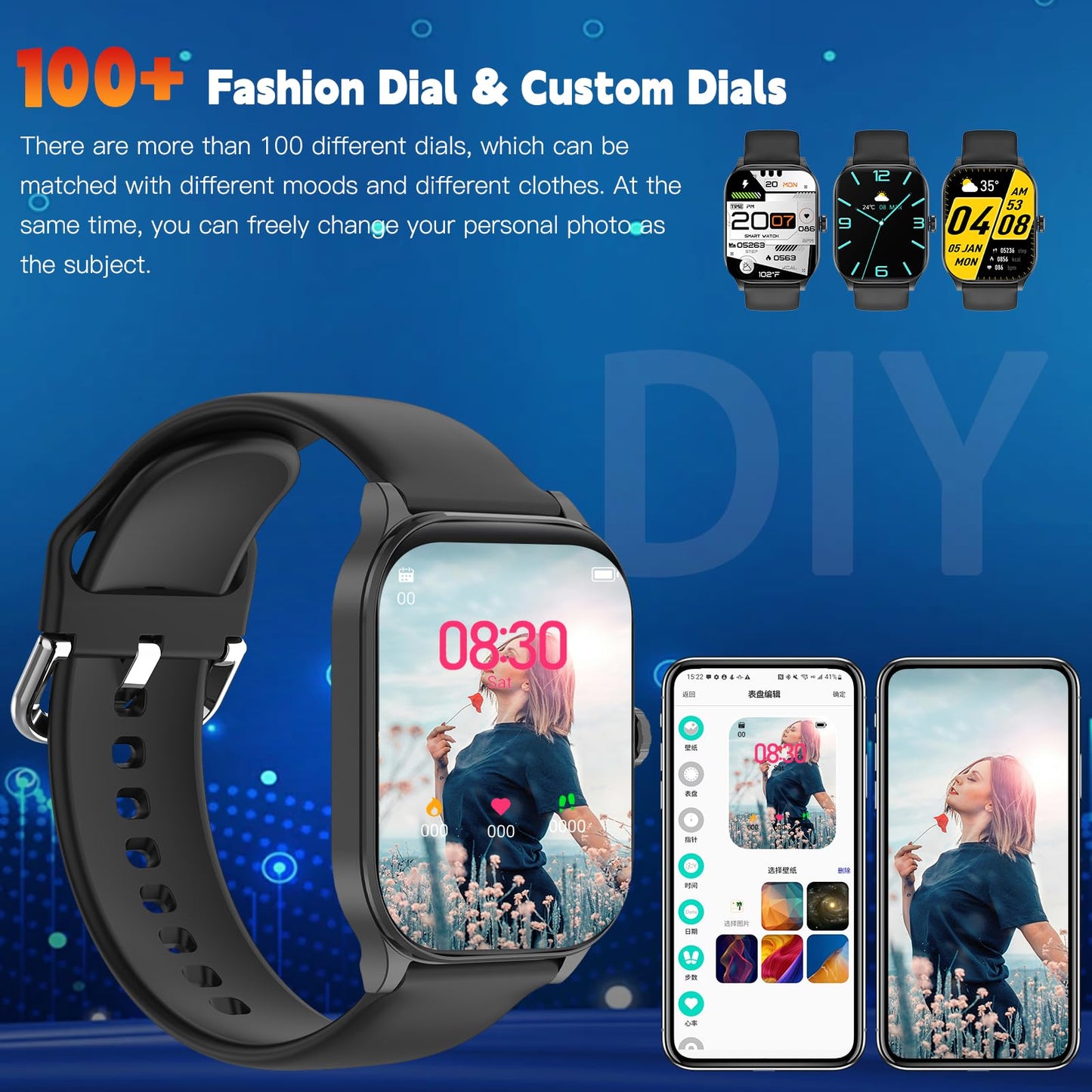 Smart Watch for Men Women(Answer/Make Call), Smartwatches with Heart Rate/SpO2/Sleep/Stress Monitor, IP68 Waterproof, 100+ Sports Mode Fitness Tracker, Compatible with Android and iPhone(Black, 2.01")
