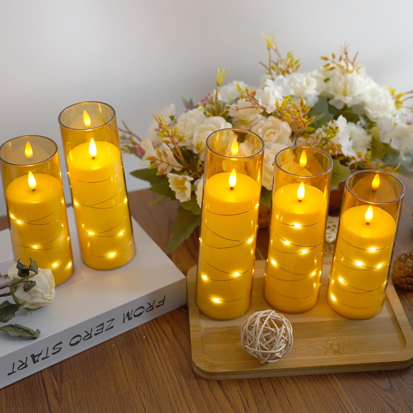 Flameless Candles,with Embedded Star String, Battery Operated Candles Flickering LED Pillar Candles with Remote Control and Timer, Home Decoration Add a Warm and Romantic Atmosphere,Set of 7 (Gold)