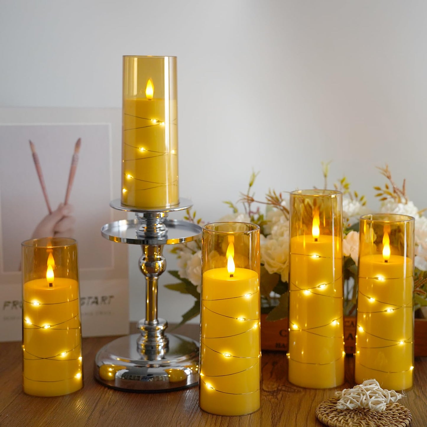Flameless Candles,with Embedded Star String, Battery Operated Candles Flickering LED Pillar Candles with Remote Control and Timer, Home Decoration Add a Warm and Romantic Atmosphere,Set of 7 (Gold)
