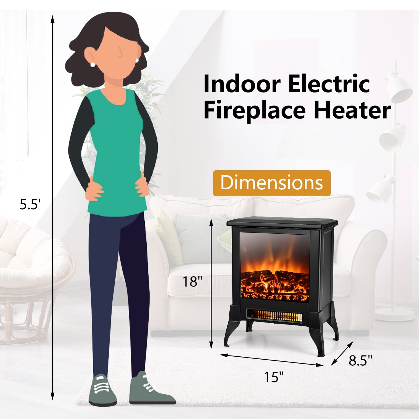 ORALNER Electric Fireplace Heater, 18" Tall Freestanding Fireplace Stove with Realistic 3D Flame Effect, Overheat Protection, Portable Fireplace for Living Room,Bedroom, 1400W, Black