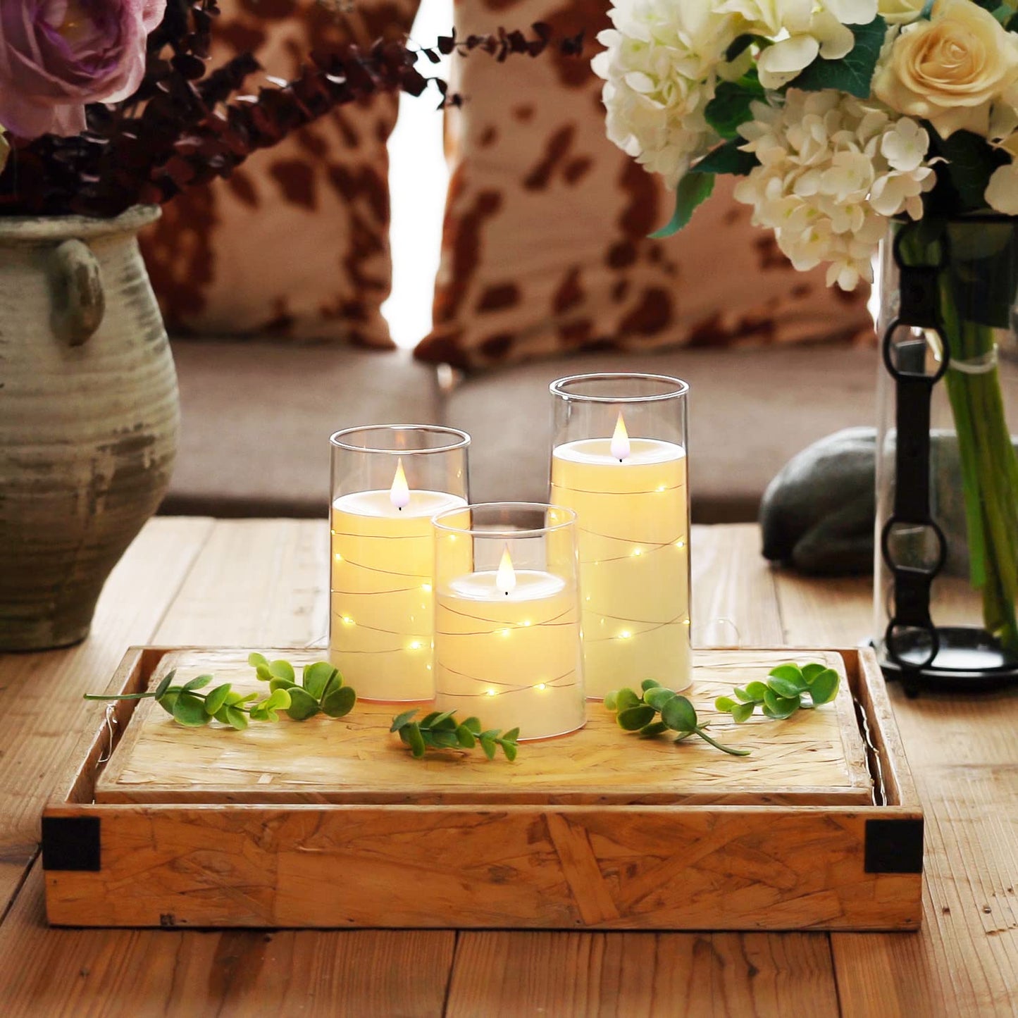 Homemory Flickering Flameless Candles with String Lights, Battery Operated, Embedded LED, Unbreakable Plexiglass with Remote, Set of 3, Ivory White