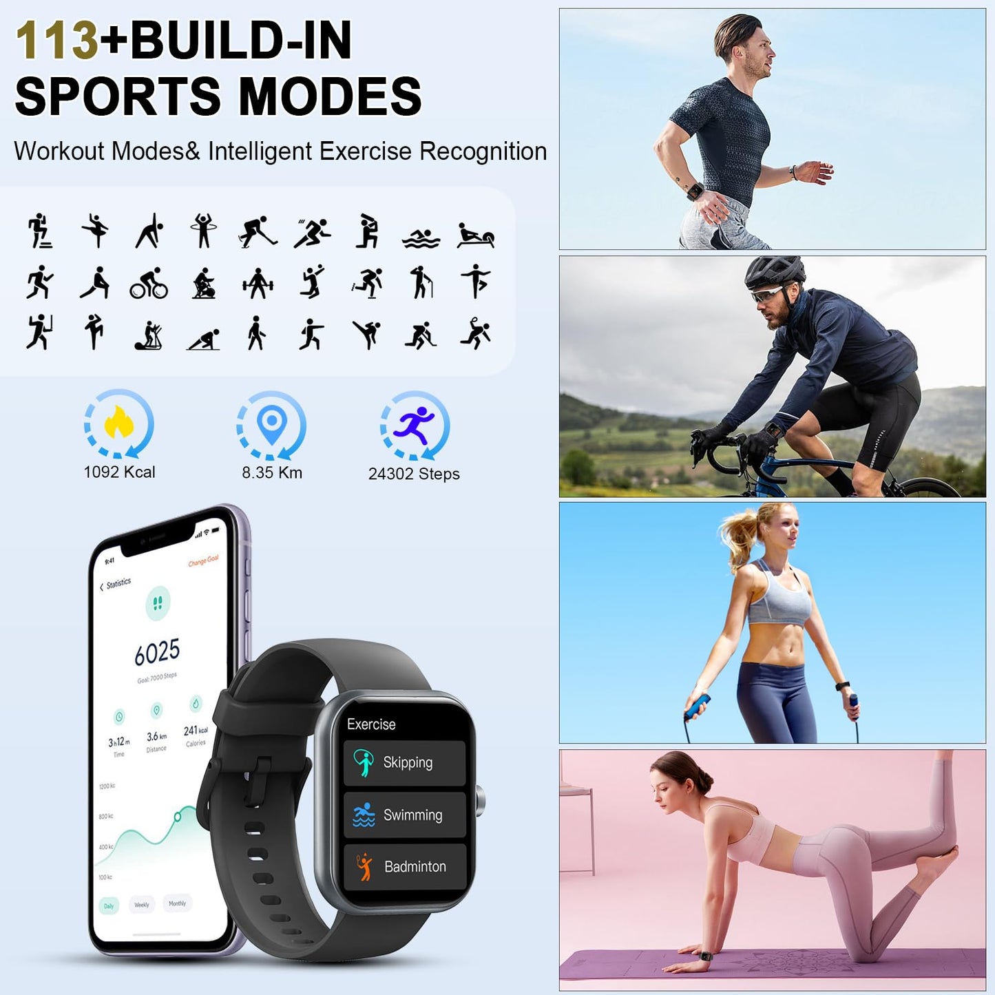 Smart Watch (Answer/Make Calls), 1.96"HD Smartwatch for Men Women 113+ Sport Modes, Activity Tracker with Heart Rate Monitor, Sleep Trackers, Pedometer, IP68 Waterproof Fitness Watch for Android iOS