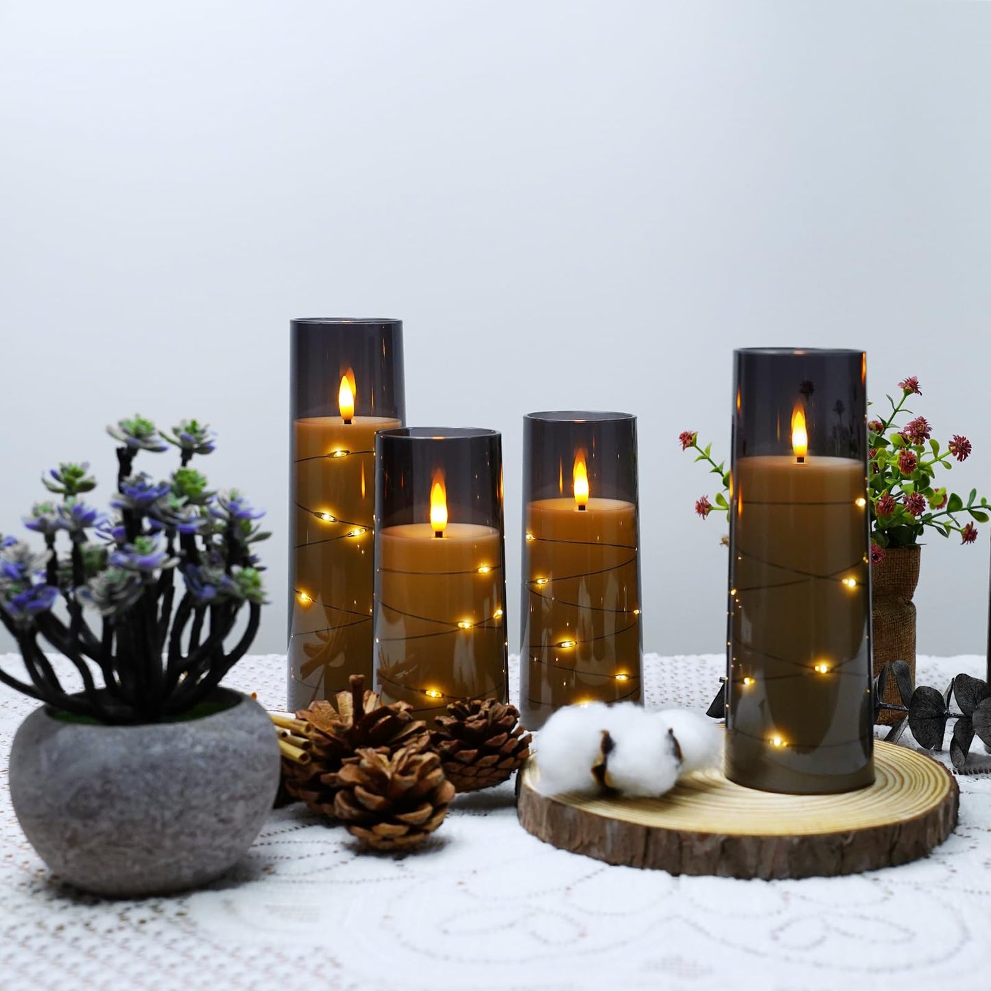 kakoya Flameless LED Candles with Timer 5 Pc Flickering Flameless Candles for Romantic Ambiance and Home Decoration Stable Acrylic Shell,with Embedded Star String,Battery Operated Candles(Grey)