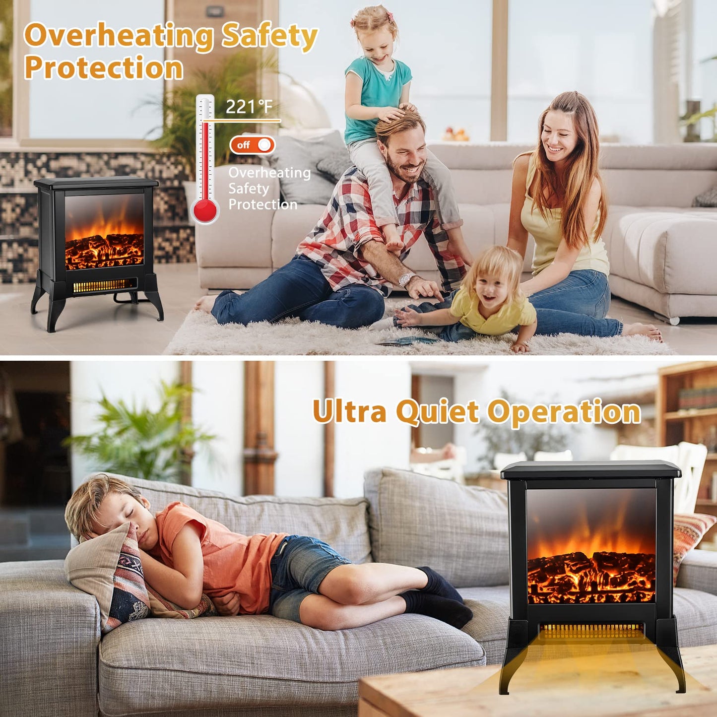 ORALNER Electric Fireplace Heater, 18" Tall Freestanding Fireplace Stove with Realistic 3D Flame Effect, Overheat Protection, Portable Fireplace for Living Room,Bedroom, 1400W, Black