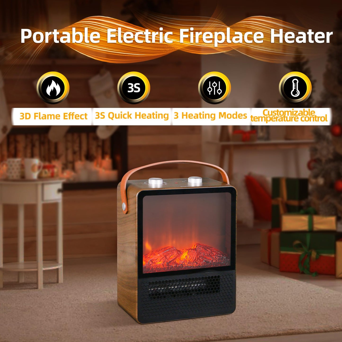 Electric Fireplace Heater Mini 1500W Portable Small Fireplace Heater for Indoor Use 2 Speed Quiet Ceramic Heater 3D Flame Overheating Safety Protection
