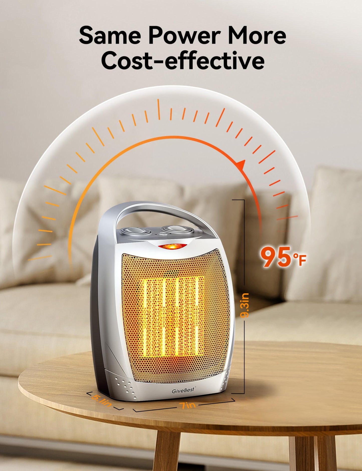 GiveBest Portable Electric Space Heater with Thermostat, 1500W/750W Safe and Quiet Ceramic Heater Fan, Heat Up 200 Square Feet for Office Room Desk Indoor Use, Silver
