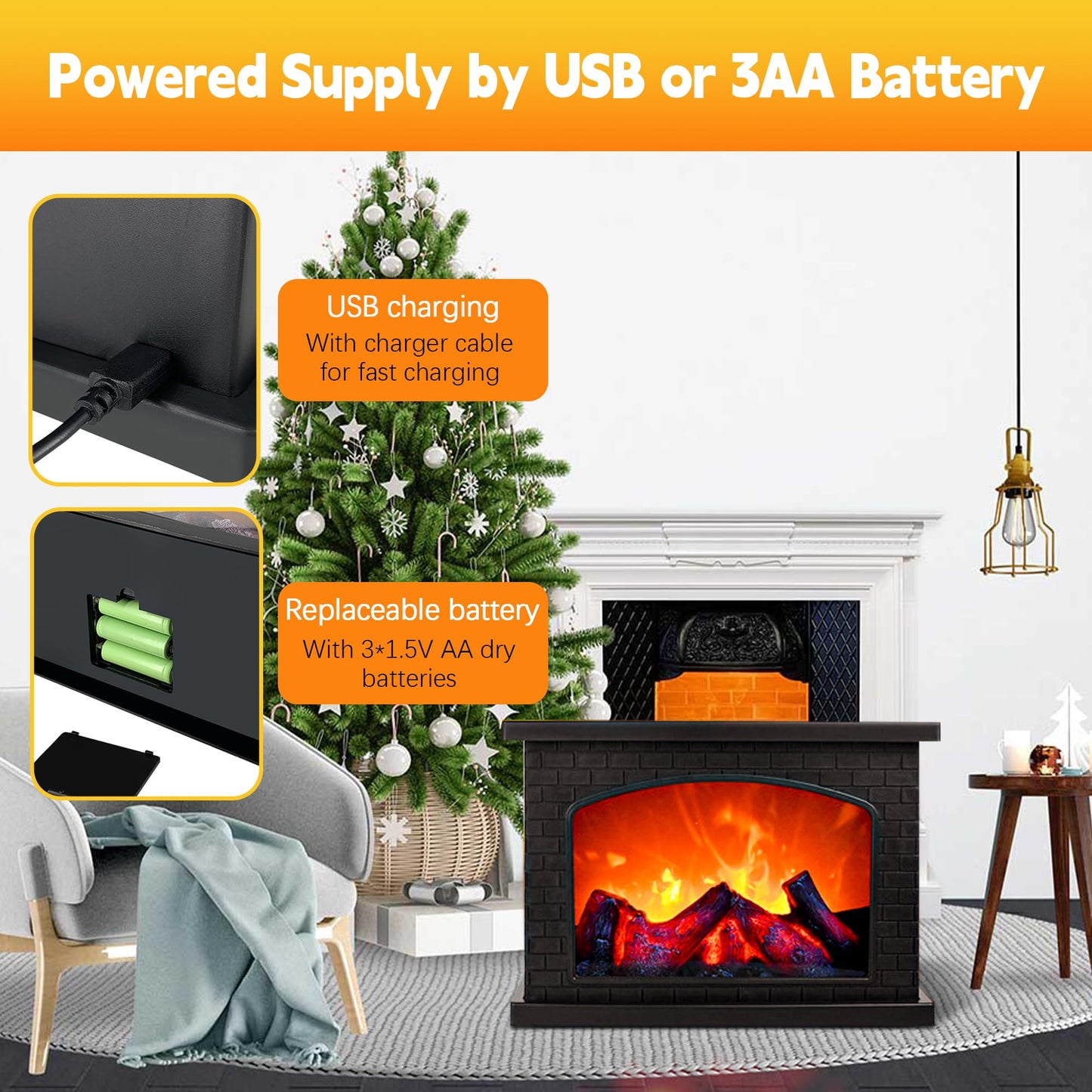 Fireplace Lanterns Decorative,Small Fake Fire Place,Flame Effect LED Fire Lamp,Battery Operated USB Charge Portable Fireplace,Indoor Outdoor Christmas Decoration (No Heater Function Black)