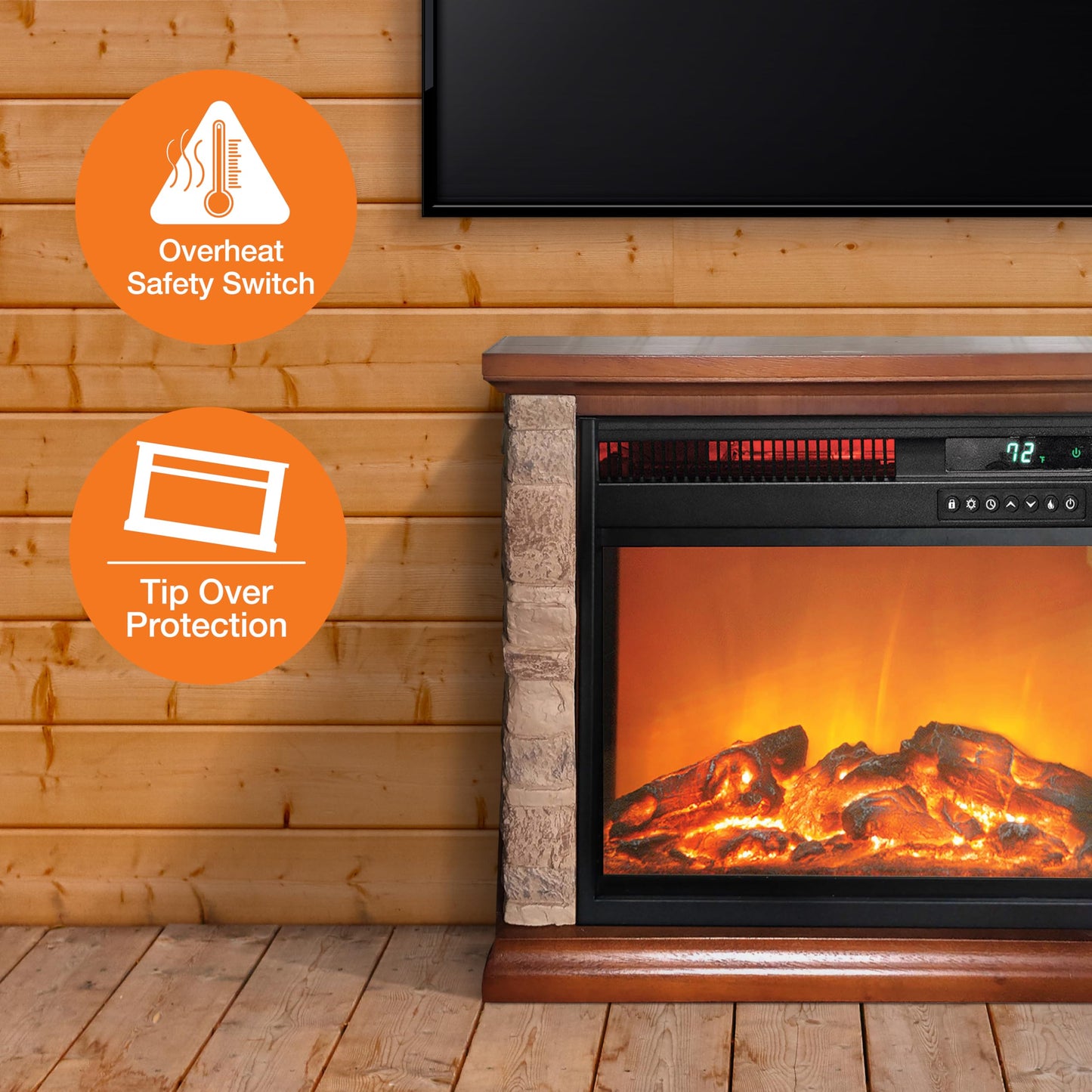Lifesmart 3-Quartz 5,118 BTU Infrared Faux Stone Fireplace with Log Insert and Realistic Flame, Fireplace Heater with Remote Control for Bedroom, Living Room