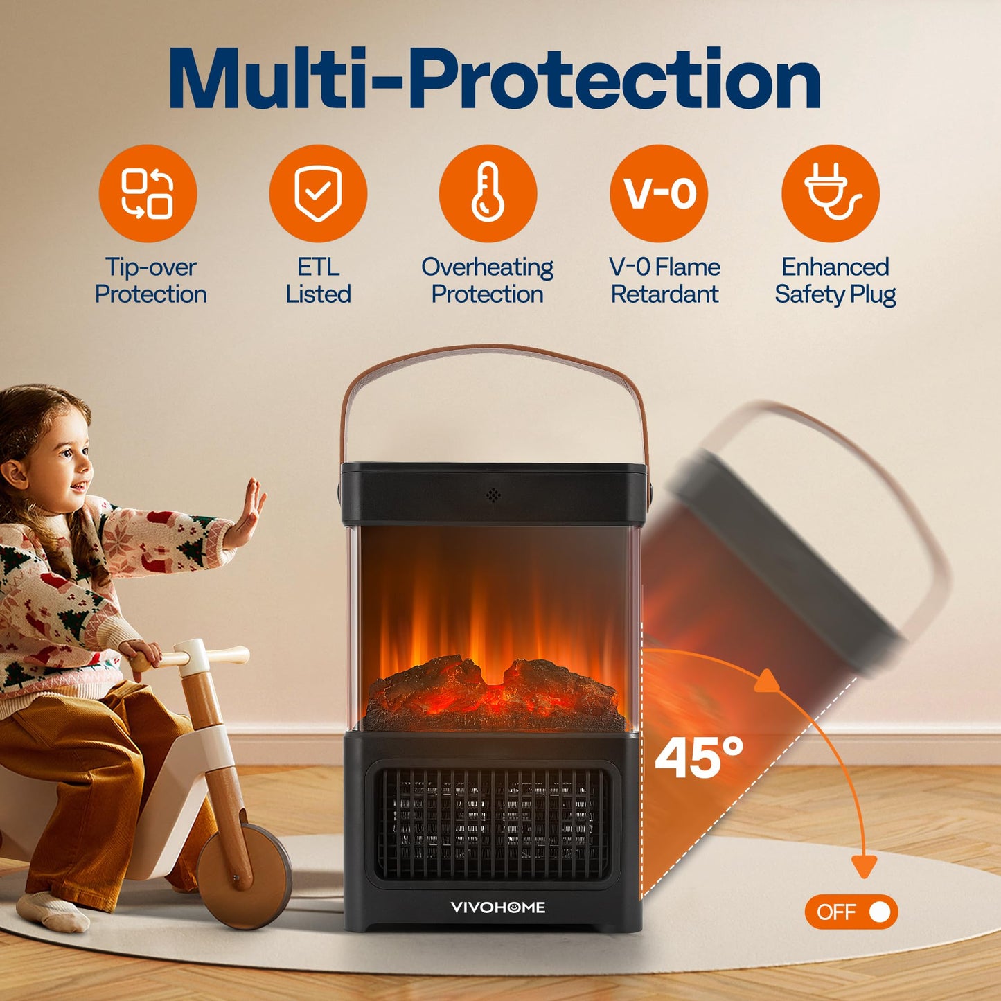 VIVOHOME Portable Electric Fireplace Heater with Realistic Logs and Flame Effect, Freestanding Space Heater with Touch Control and Remote, Mini Fireplace with Timer, Overheat Protection