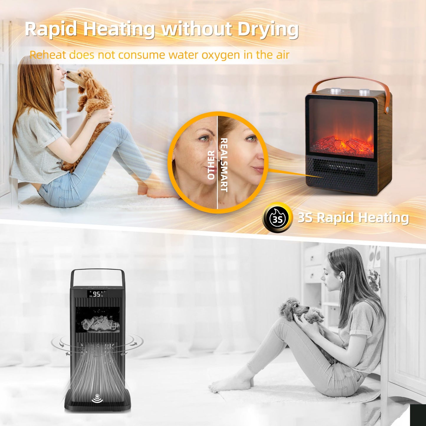Electric Fireplace Heater Mini 1500W Portable Small Fireplace Heater for Indoor Use 2 Speed Quiet Ceramic Heater 3D Flame Overheating Safety Protection