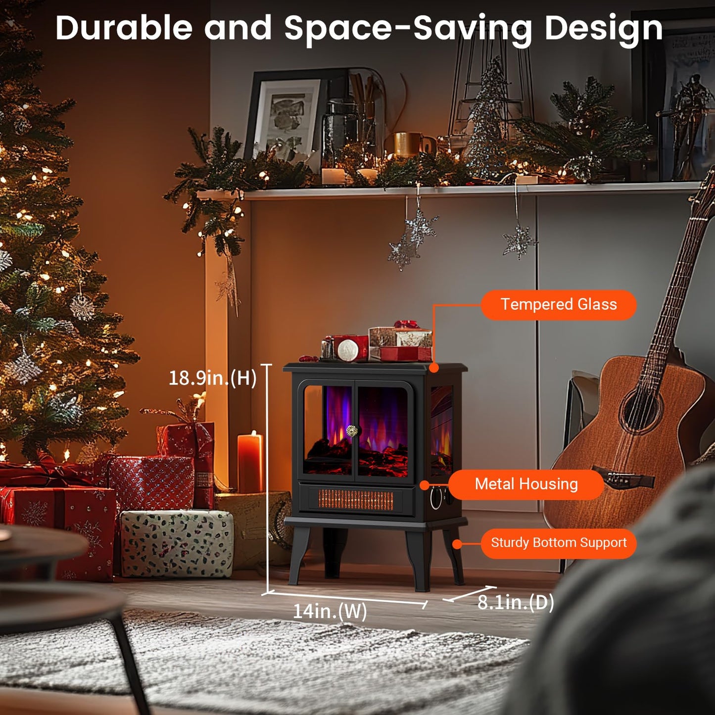 BLITZHOME Electric Fireplace Heater 18'', 3D Realistic Flame, Thermostat Control, 2 Heating Mode 750/1500W, Safety Protection, Freestanding Portable Fire Places Stove for Home Indoor, Small Space