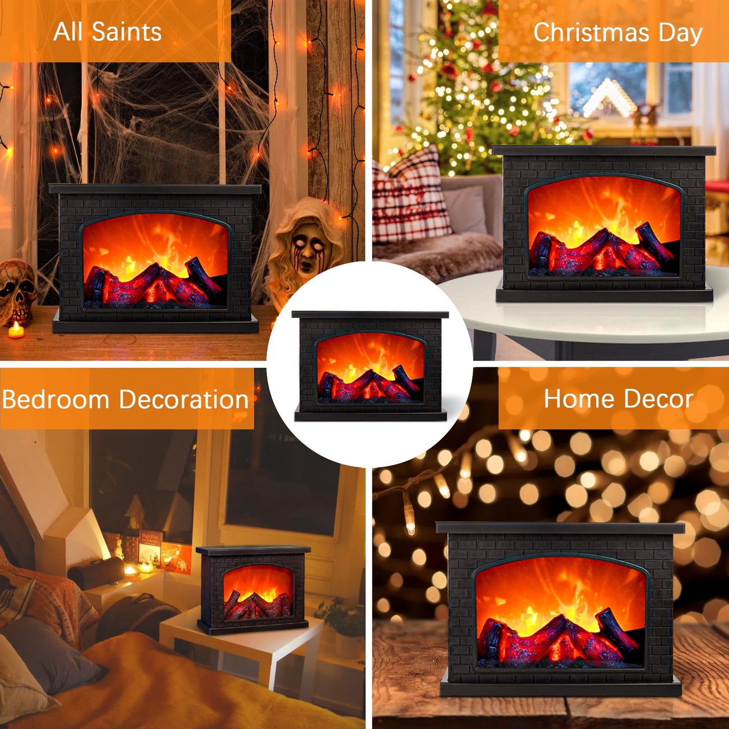 Fireplace Lanterns Decorative,Small Fake Fire Place,Flame Effect LED Fire Lamp,Battery Operated USB Charge Portable Fireplace,Indoor Outdoor Christmas Decoration (No Heater Function Black)