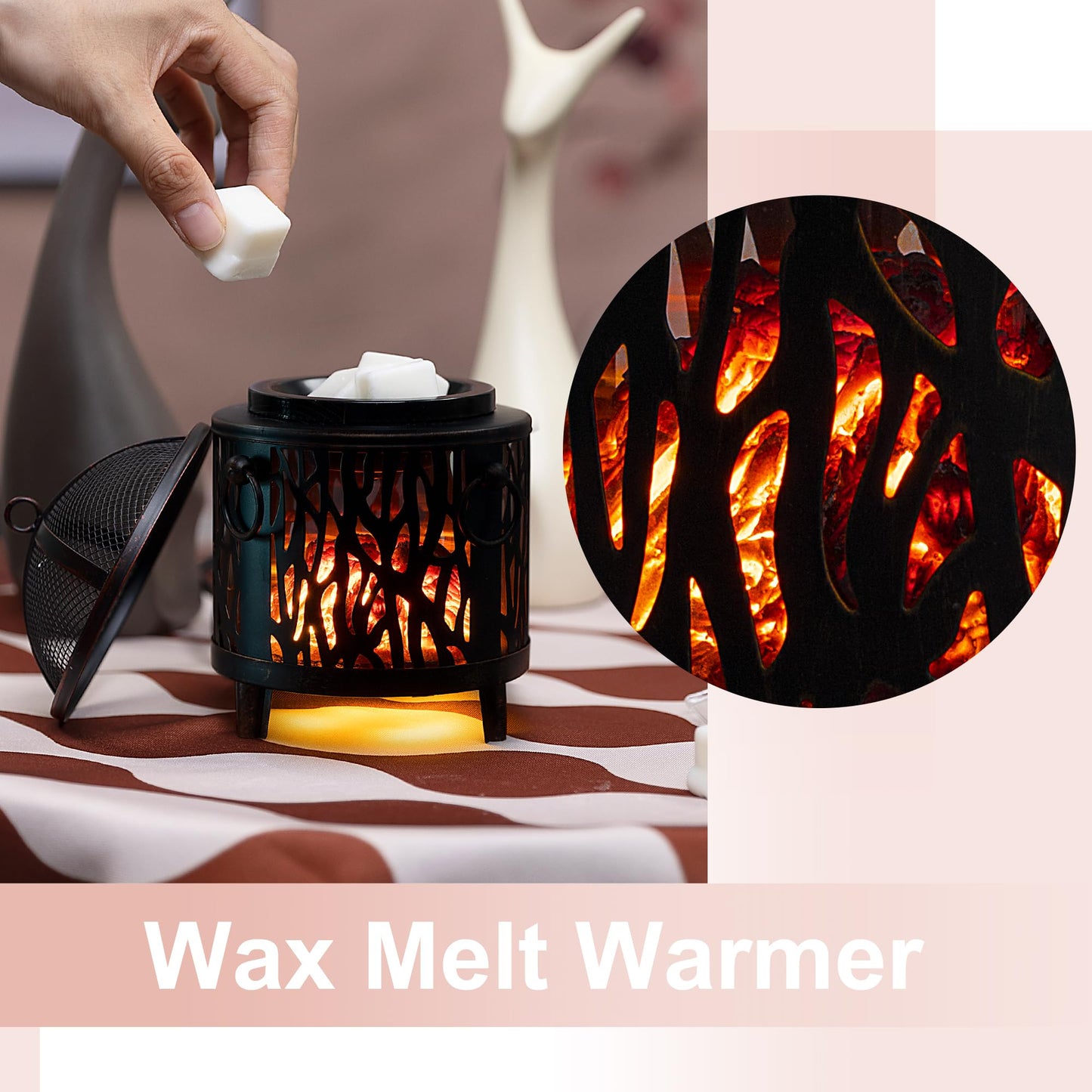 NAFANG Fireplace Wax Warmer,Full Metal Wax Melt Warmer for Scented Wax Melts,Electric Wax Warmer,Candle Wax Burner Fragrance Warmer for Home Office Gifts & Decor(Dustproof Glass)