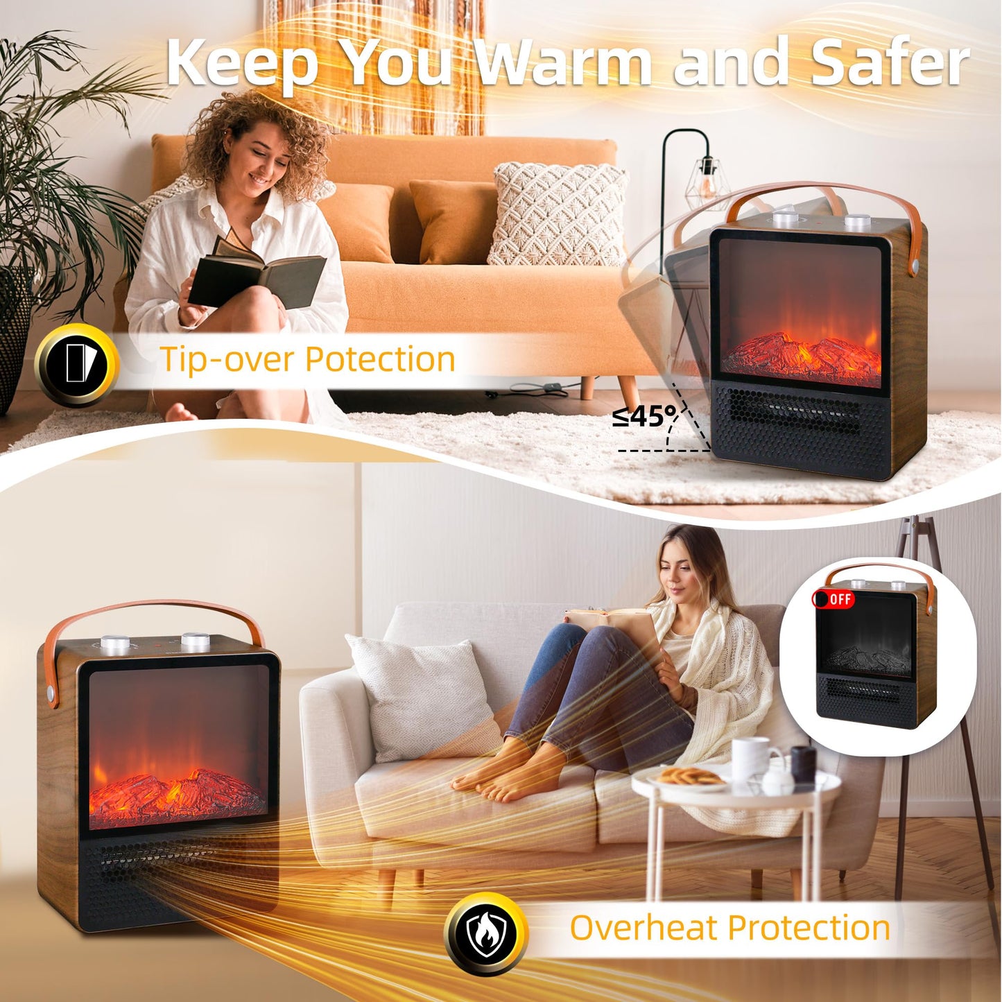 Electric Fireplace Heater Mini 1500W Portable Small Fireplace Heater for Indoor Use 2 Speed Quiet Ceramic Heater 3D Flame Overheating Safety Protection