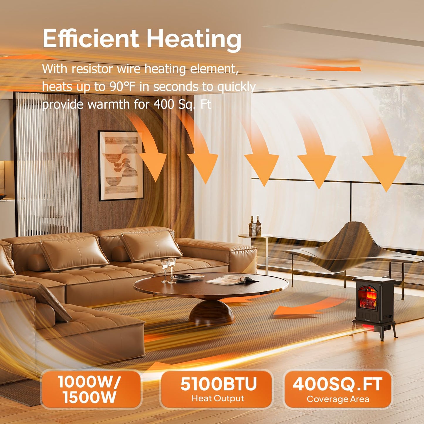 ROVSUN 22.4”H Electric Fireplace Stove w/Realistic Flame Effect, Infrared Quartz Freestanding Heater for Indoor, w/Overheat & Tip-Over Protection, 2 Heat Settings 1000W/1500W, ETL Certified, Black