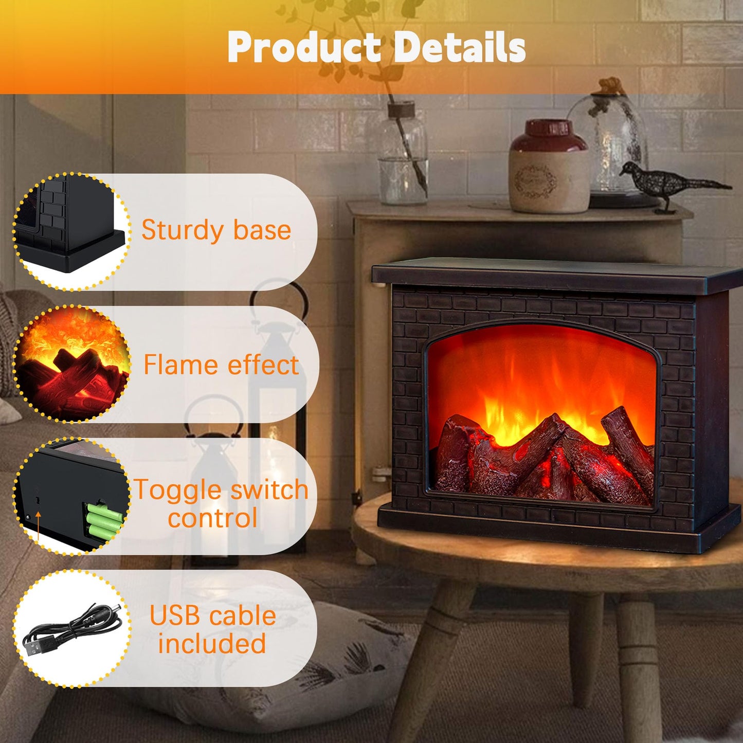 Fireplace Lanterns Decorative,Small Fake Fire Place,Flame Effect LED Fire Lamp,Battery Operated USB Charge Portable Fireplace,Indoor Outdoor Christmas Decoration (No Heater Function Black)
