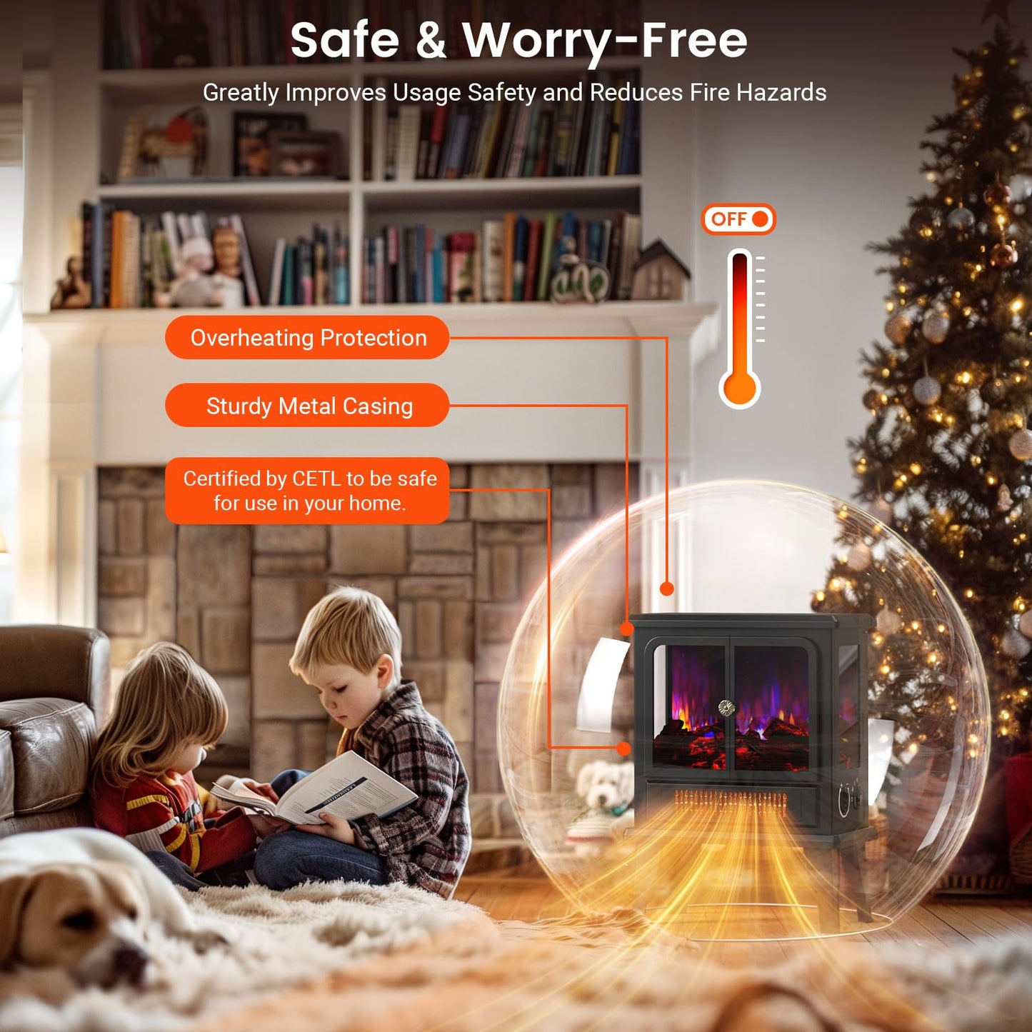 BLITZHOME Electric Fireplace Heater 18'', 3D Realistic Flame, Thermostat Control, 2 Heating Mode 750/1500W, Safety Protection, Freestanding Portable Fire Places Stove for Home Indoor, Small Space