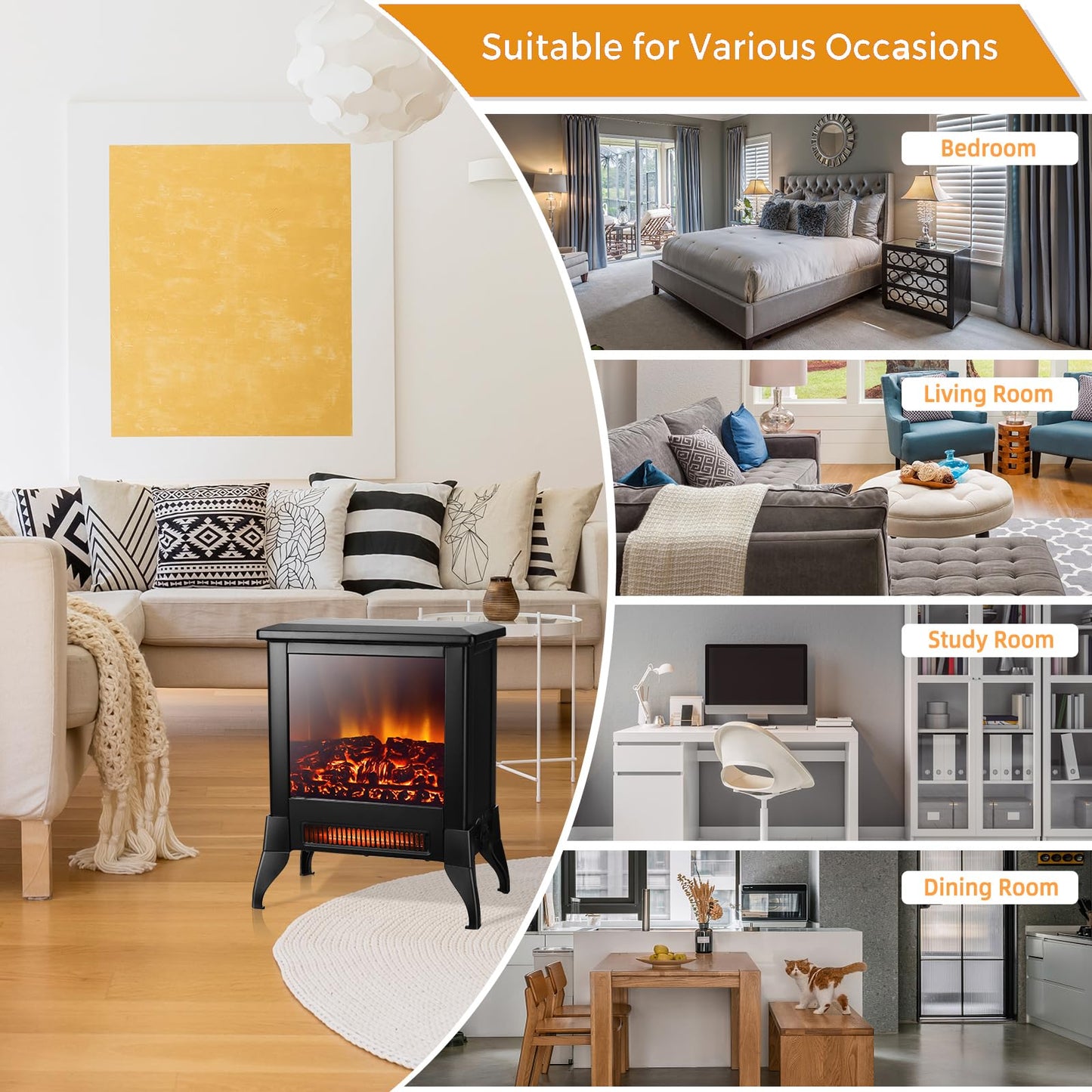 ORALNER Electric Fireplace Heater, 18" Tall Freestanding Fireplace Stove with Realistic 3D Flame Effect, Overheat Protection, Portable Fireplace for Living Room,Bedroom, 1400W, Black