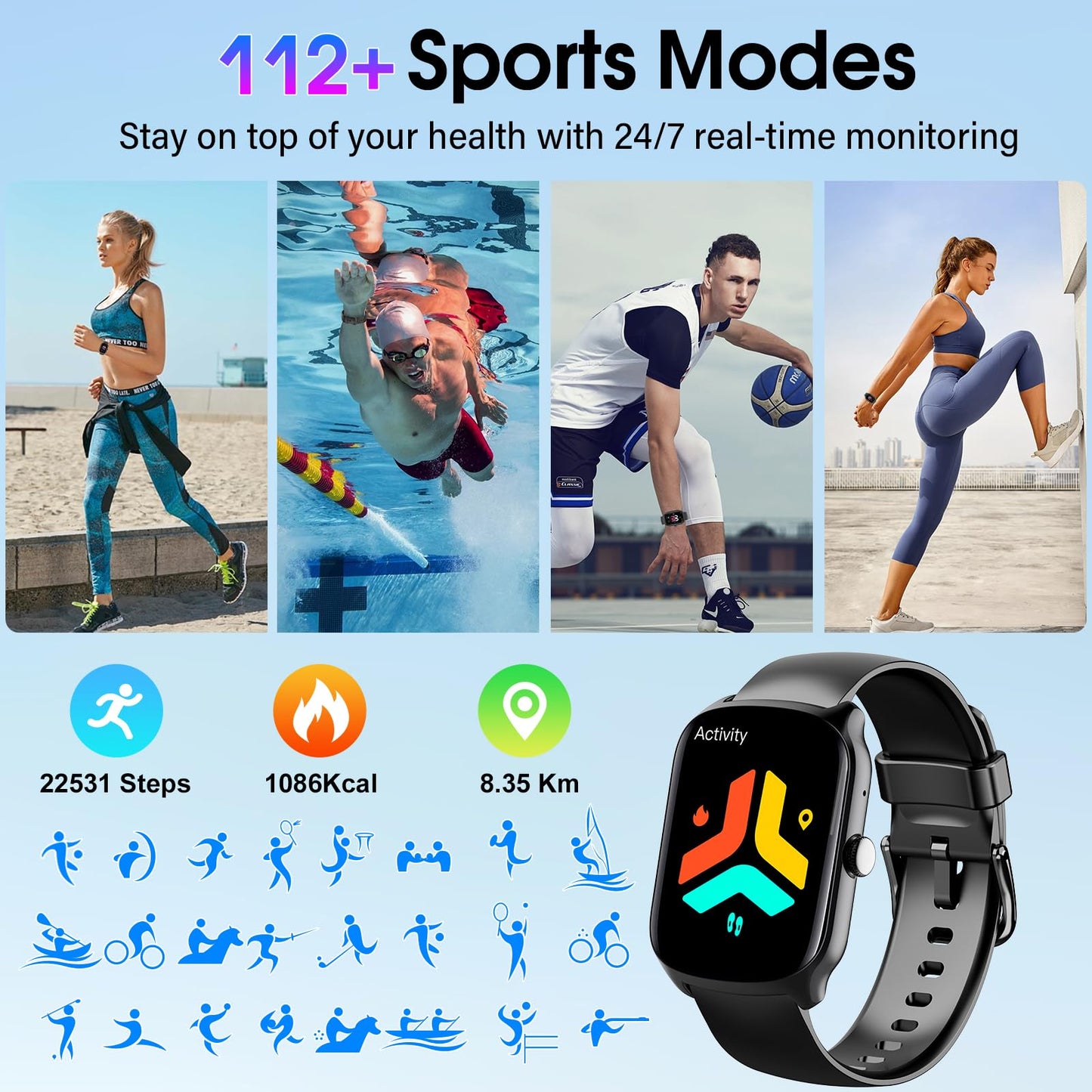 Qecnato Smart Watch for Men Women, 1.95" HD Curved Screen Smartwatch, Heart Rate/Sleep Monitor Fitness Watches, 112+ Sports Modes Activity Trackers, IP68 Waterproof Watch for Android iOS, Black