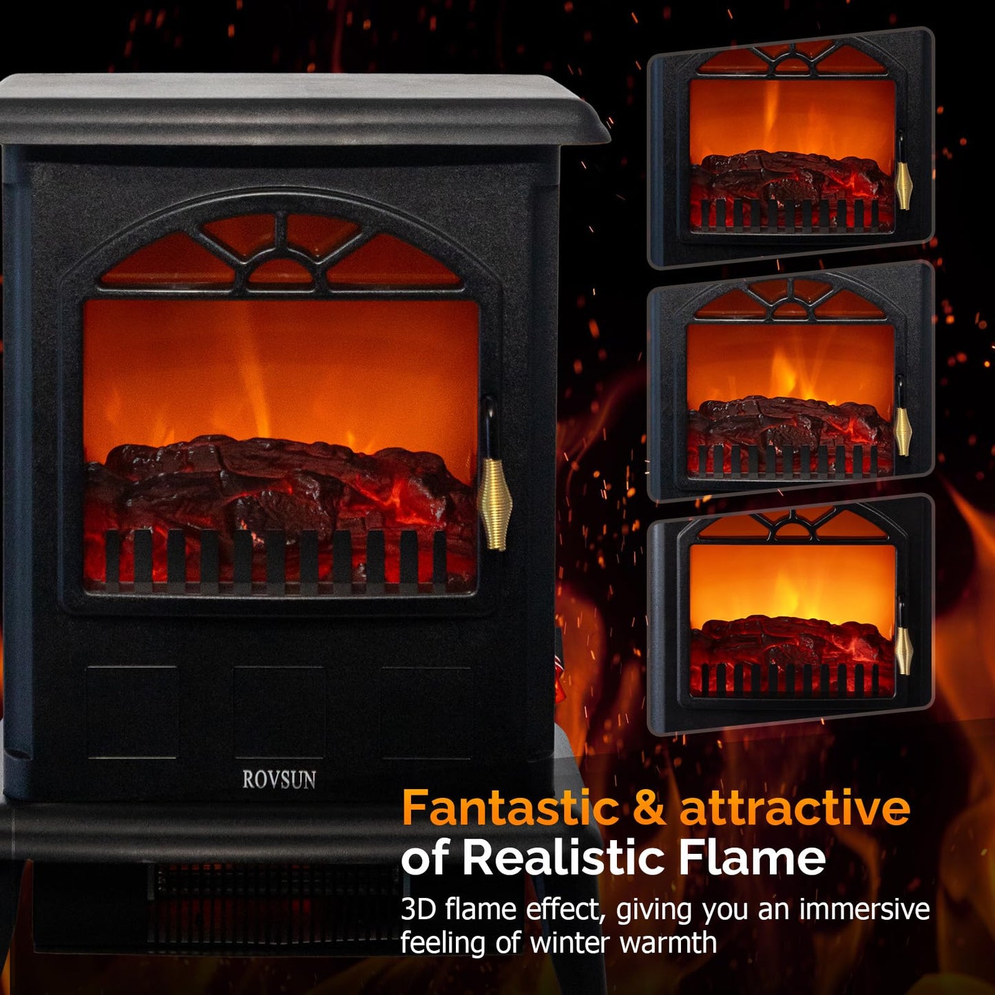 ROVSUN 22.4”H Electric Fireplace Stove w/Realistic Flame Effect, Infrared Quartz Freestanding Heater for Indoor, w/Overheat & Tip-Over Protection, 2 Heat Settings 1000W/1500W, ETL Certified, Black