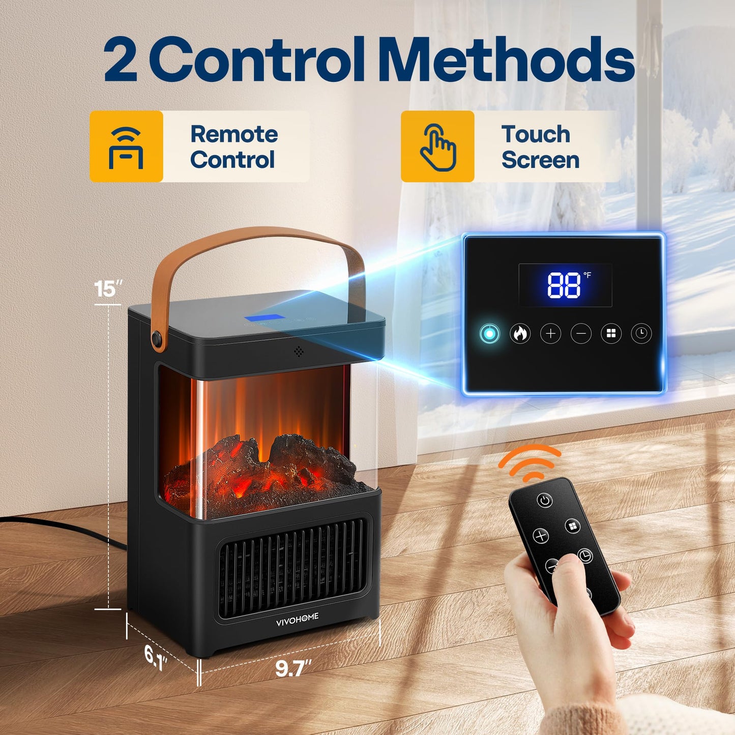 VIVOHOME Portable Electric Fireplace Heater with Realistic Logs and Flame Effect, Freestanding Space Heater with Touch Control and Remote, Mini Fireplace with Timer, Overheat Protection