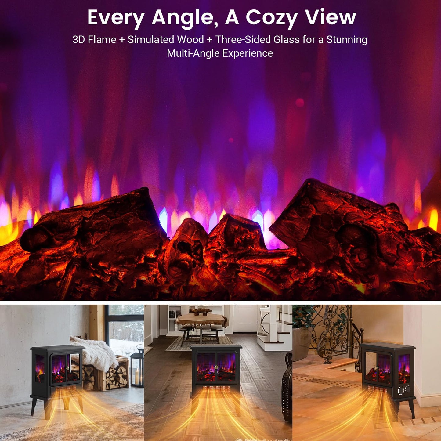 BLITZHOME Electric Fireplace Heater 18'', 3D Realistic Flame, Thermostat Control, 2 Heating Mode 750/1500W, Safety Protection, Freestanding Portable Fire Places Stove for Home Indoor, Small Space