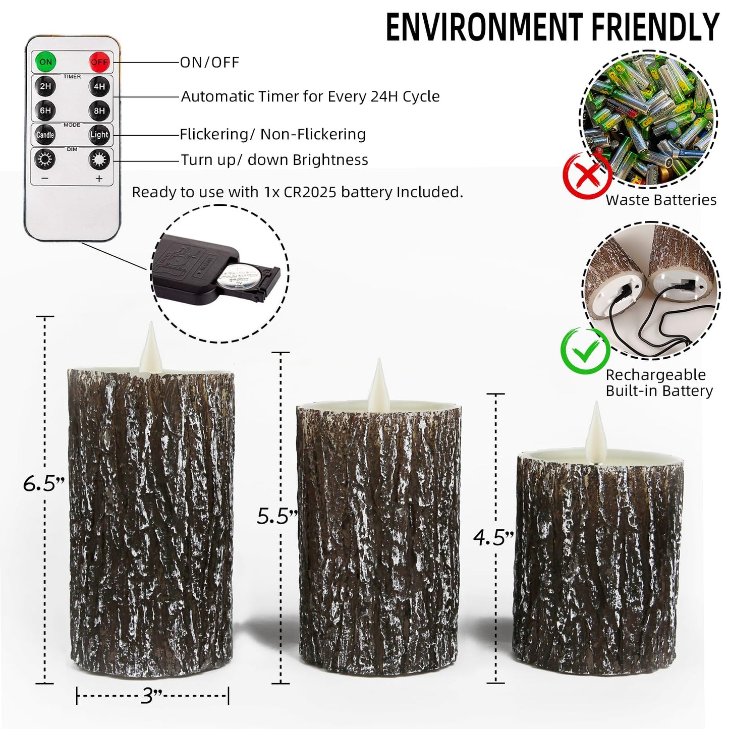 NICEME Rechargeable LED Pine Bark Flameless Candles with Timer Remote USB Cable, Brown Real Wax USB Candles Flickering Fireplace Cabin Decor Electric Fake Battery Pillar Bark Candles, D 3”×H 4”5”6”