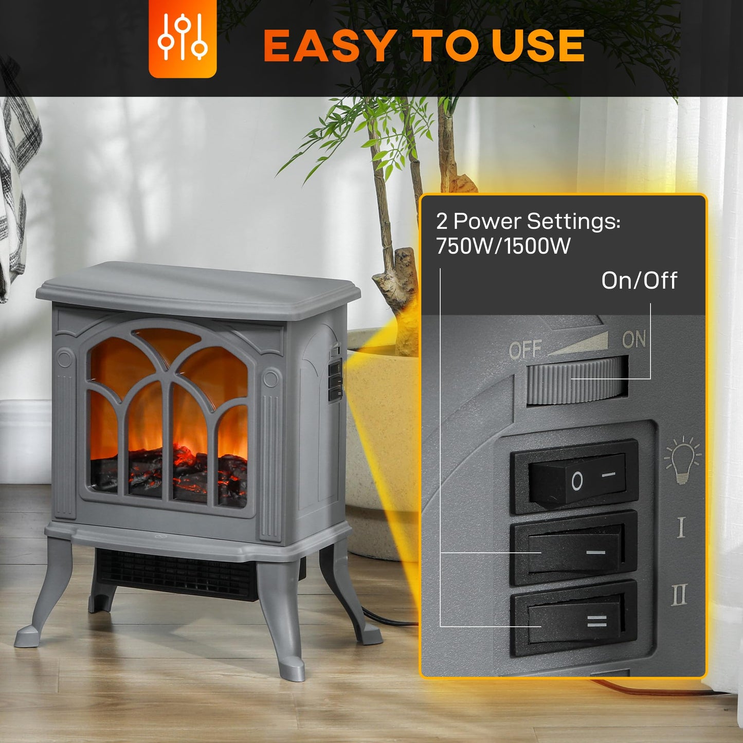HOMCOM 17" Freestanding Electric Fireplace Stove, Fire Place Heater with Realistic Logs and Flame Effect and Overheat Protection, 750W/1500W, Gray