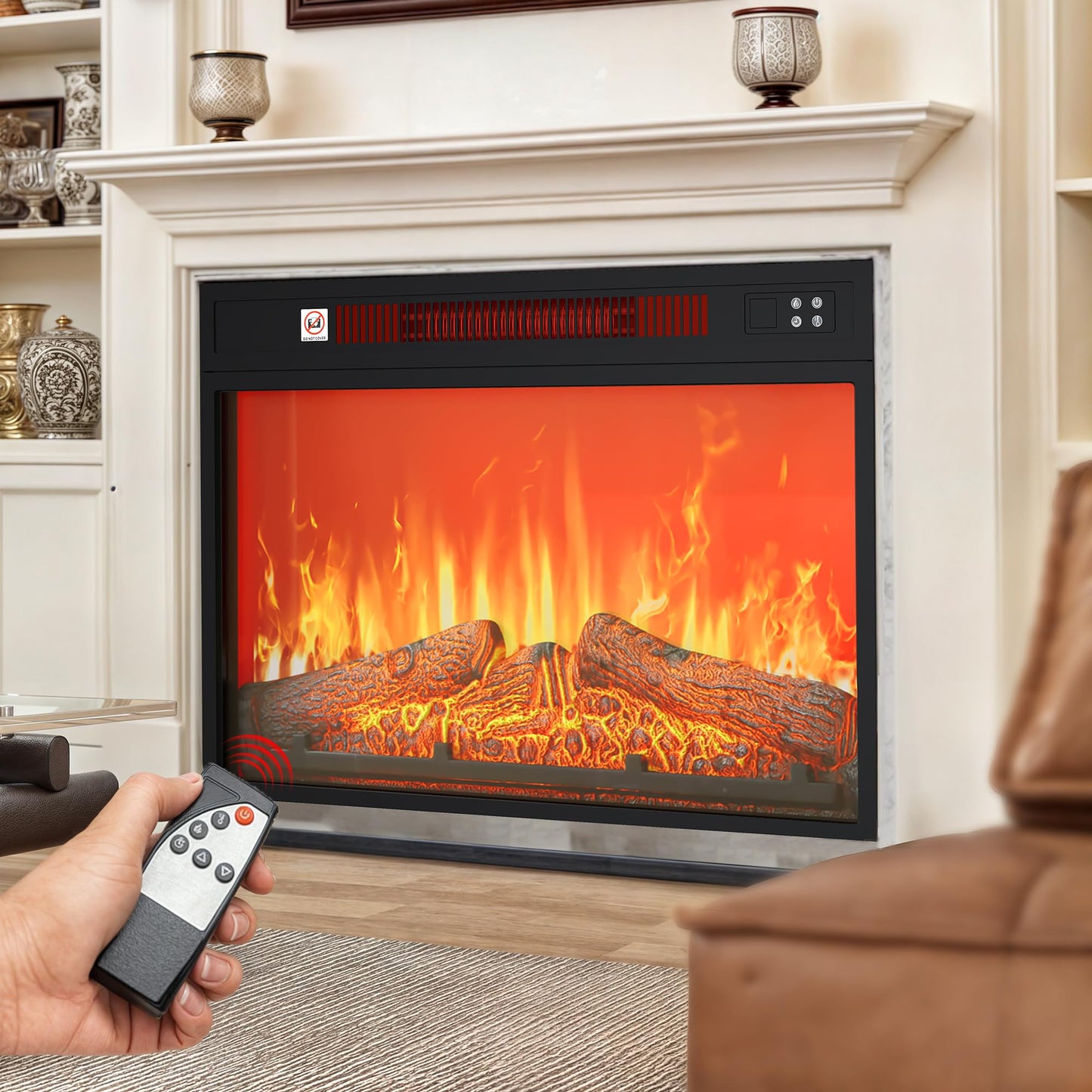 DWVO 23 Inches Electric Fireplace Insert, Recessed Fireplace Heater with Remote Control, Adjustable Temperature, 6H Timer, Adjustable Flame Brightness, 120V 1400W, Firewood