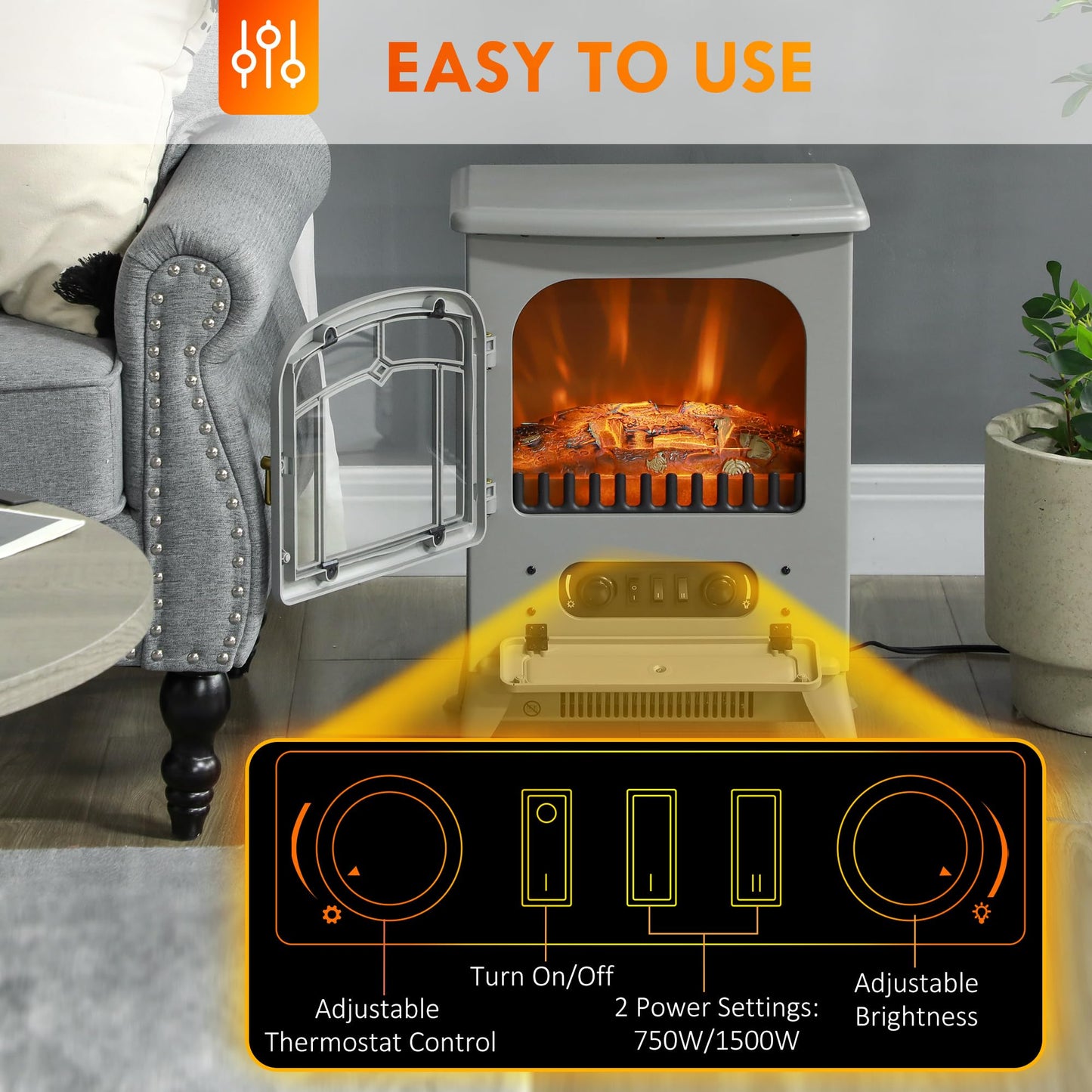 HOMCOM 22" Electric Fireplace Heater, Freestanding Fire Place Stove with Realistic LED Flames and Logs, and Overheating Protection, 750W/1500W, Gray