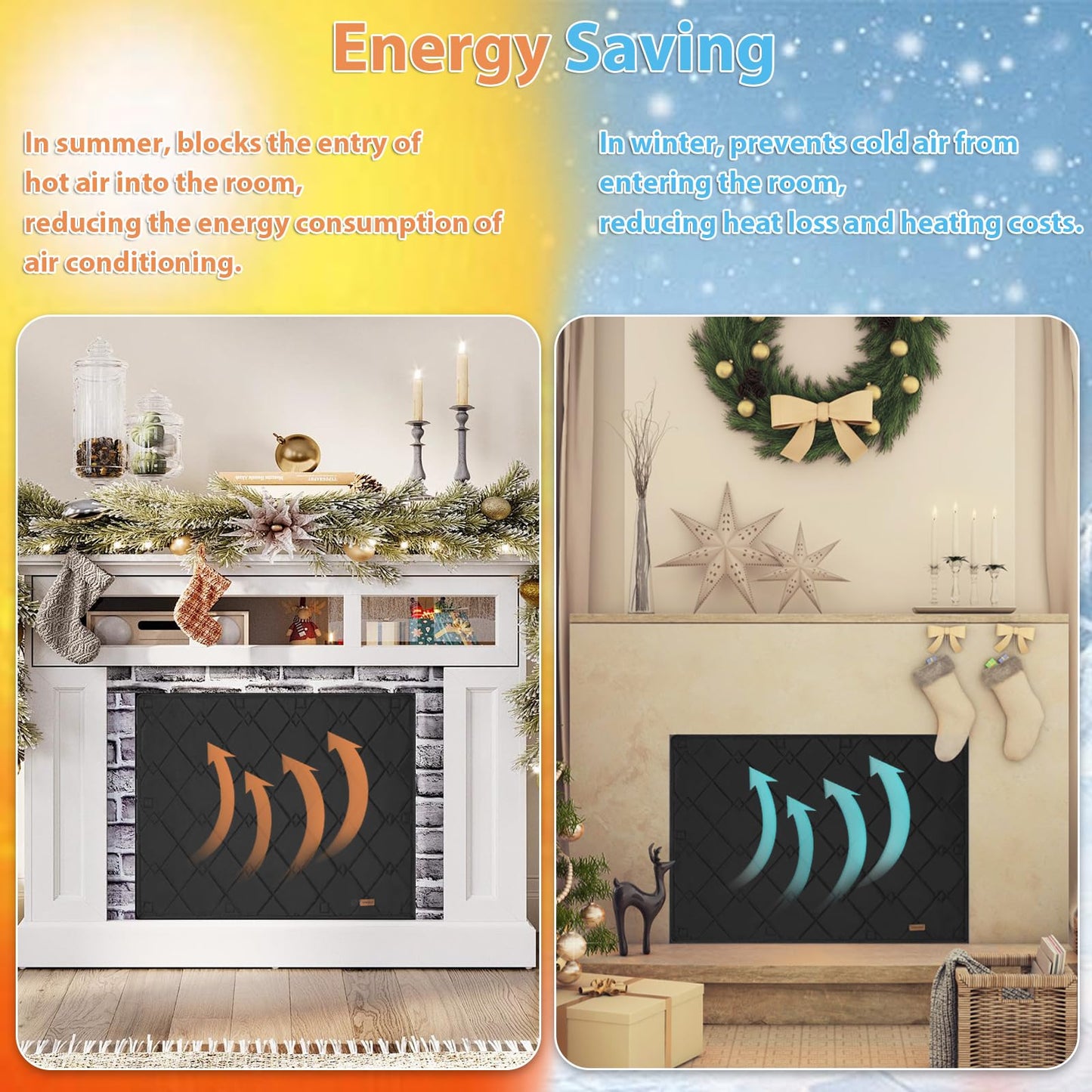 Magnetic Fireplace Cover for Winter, Insulation Fireplace Blanket for Heat Loss with 10 Magnets, Magnetic Fireplace Draft Stopper for Iron Fireplace Frames and Screens, 38" x 26"(Inner Size 34"x22")