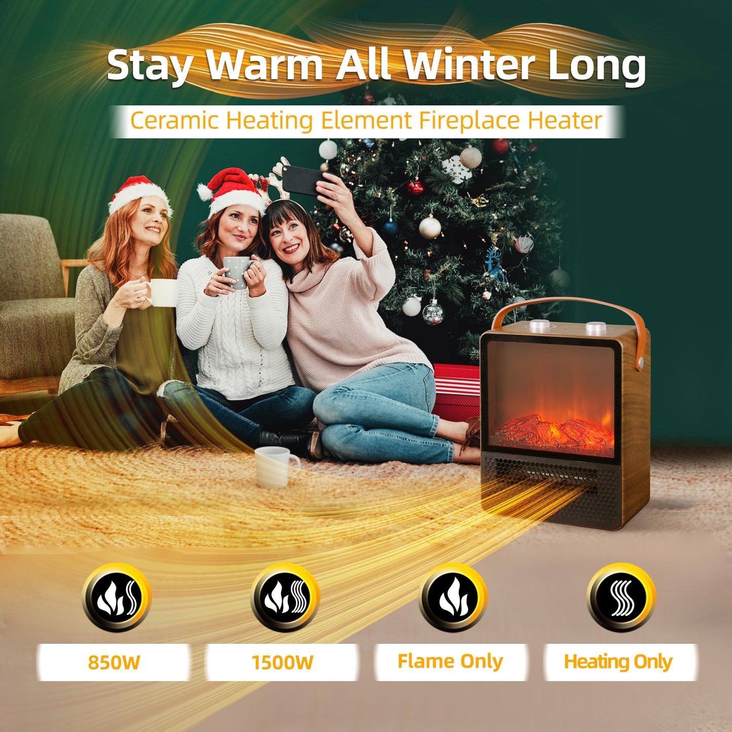 Electric Fireplace Heater Mini 1500W Portable Small Fireplace Heater for Indoor Use 2 Speed Quiet Ceramic Heater 3D Flame Overheating Safety Protection