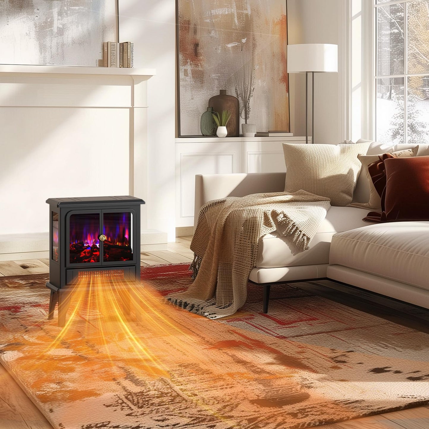 BLITZHOME Electric Fireplace Heater 18'', 3D Realistic Flame, Thermostat Control, 2 Heating Mode 750/1500W, Safety Protection, Freestanding Portable Fire Places Stove for Home Indoor, Small Space