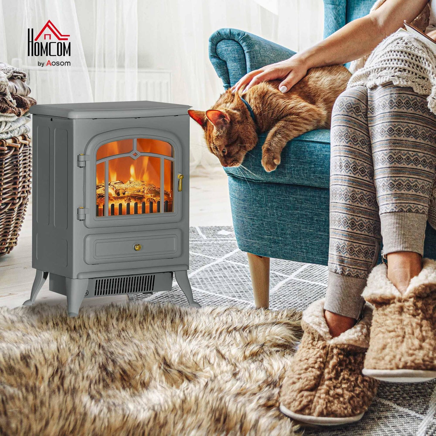HOMCOM 22" Electric Fireplace Heater, Freestanding Fire Place Stove with Realistic LED Flames and Logs, and Overheating Protection, 750W/1500W, Gray