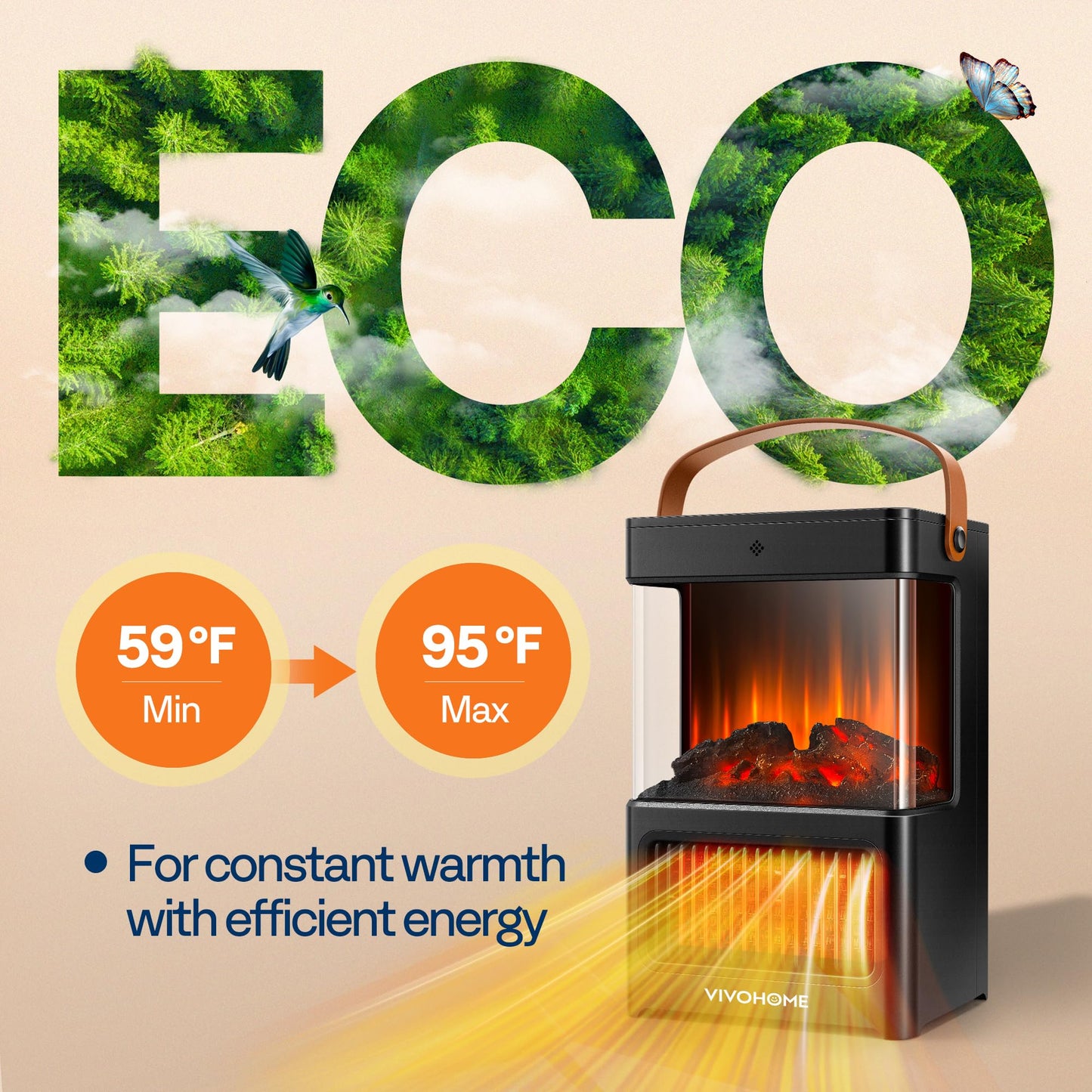 VIVOHOME Portable Electric Fireplace Heater with Realistic Logs and Flame Effect, Freestanding Space Heater with Touch Control and Remote, Mini Fireplace with Timer, Overheat Protection