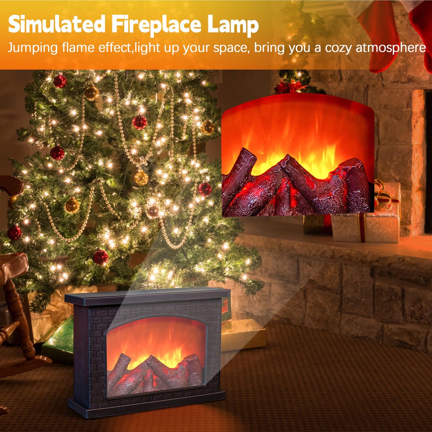 Fireplace Lanterns Decorative,Small Fake Fire Place,Flame Effect LED Fire Lamp,Battery Operated USB Charge Portable Fireplace,Indoor Outdoor Christmas Decoration (No Heater Function Black)