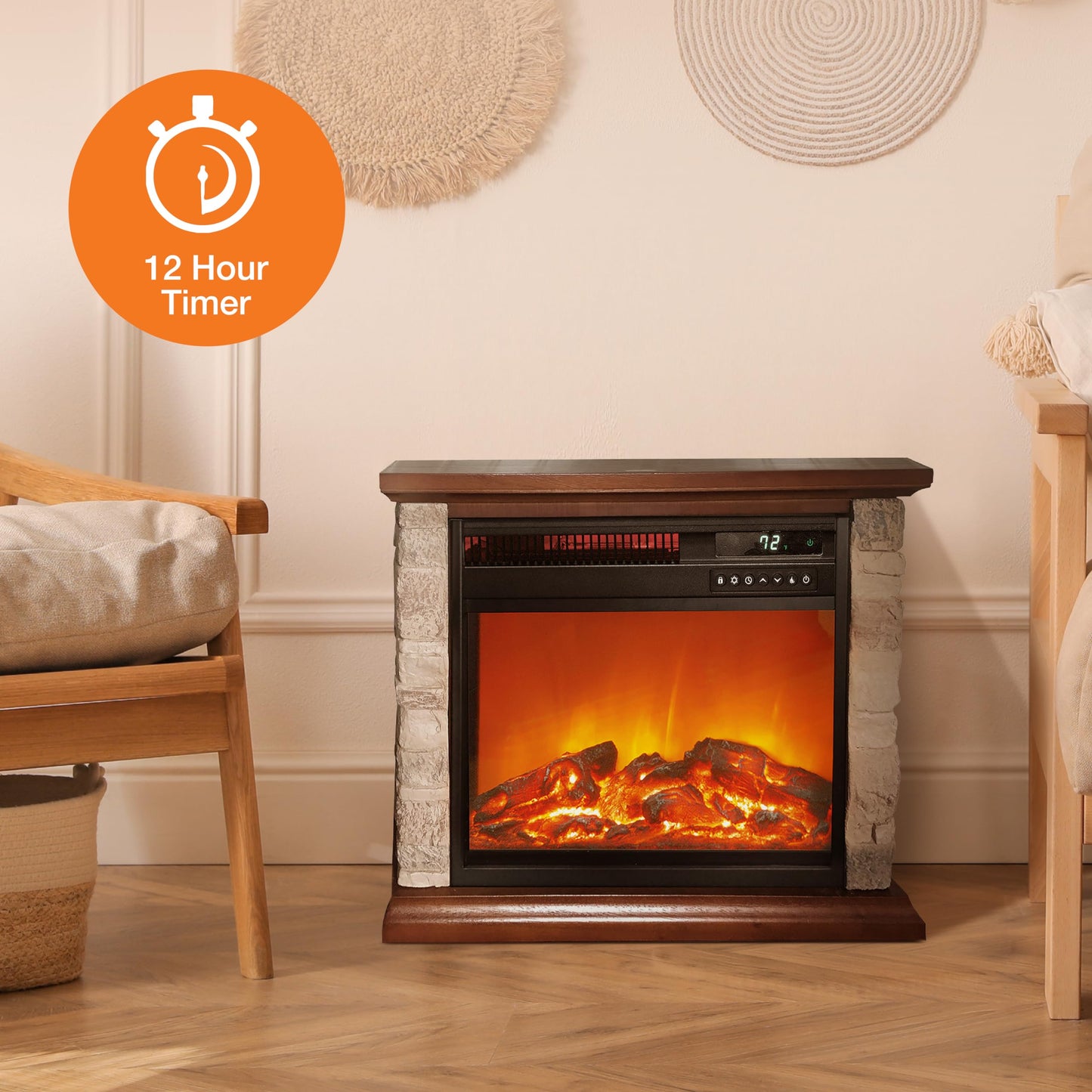 Lifesmart 3-Quartz 5,118 BTU Infrared Faux Stone Fireplace with Log Insert and Realistic Flame, Fireplace Heater with Remote Control for Bedroom, Living Room
