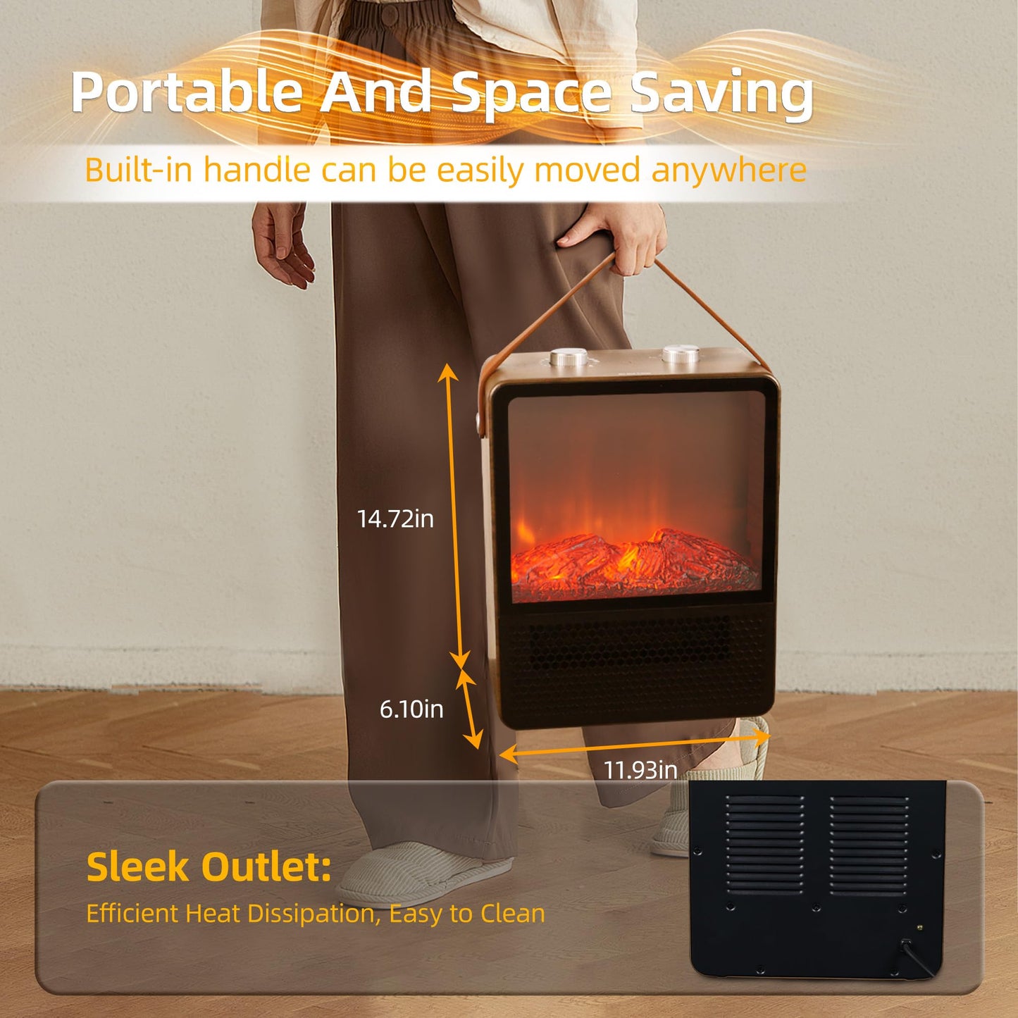 Electric Fireplace Heater Mini 1500W Portable Small Fireplace Heater for Indoor Use 2 Speed Quiet Ceramic Heater 3D Flame Overheating Safety Protection