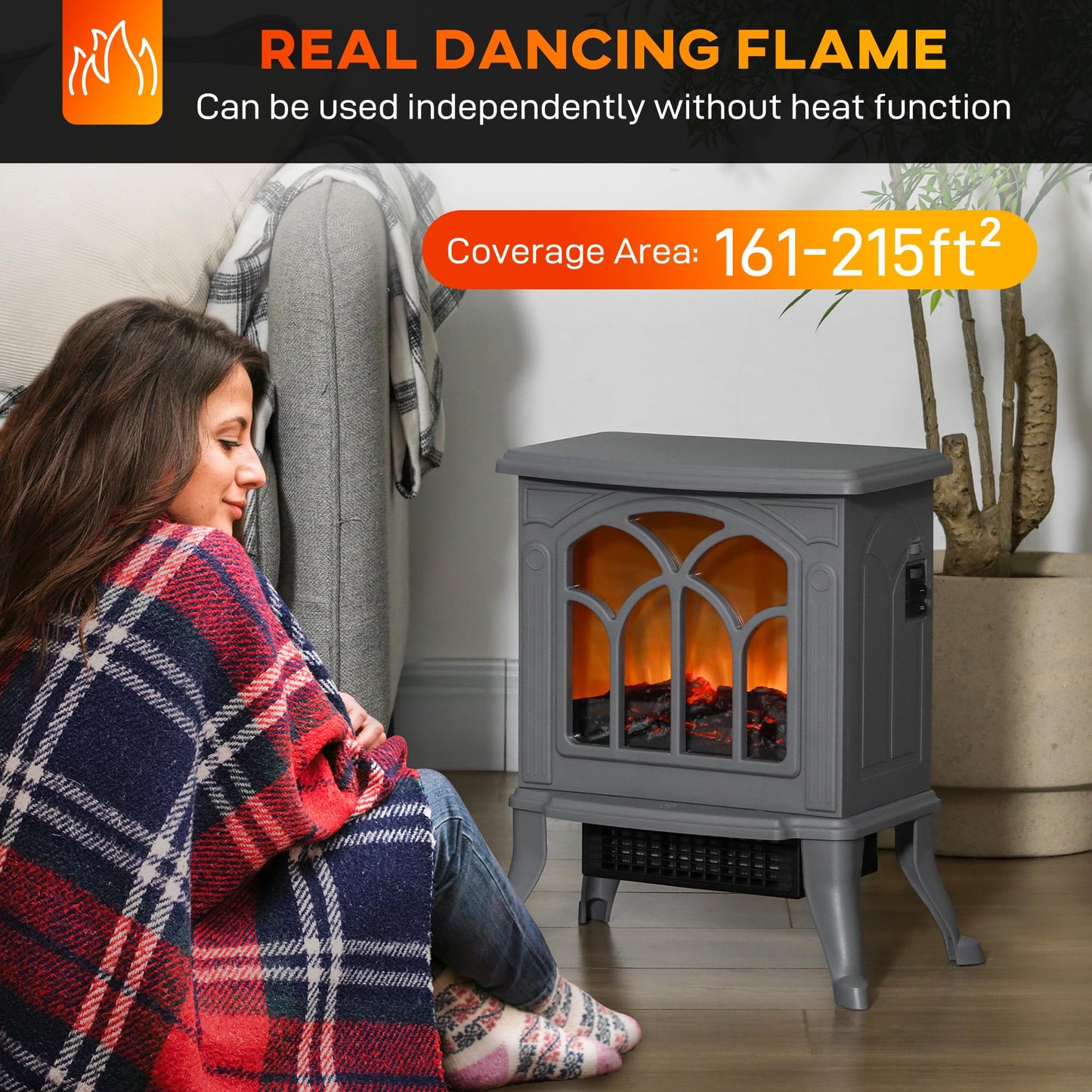HOMCOM 17" Freestanding Electric Fireplace Stove, Fire Place Heater with Realistic Logs and Flame Effect and Overheat Protection, 750W/1500W, Gray