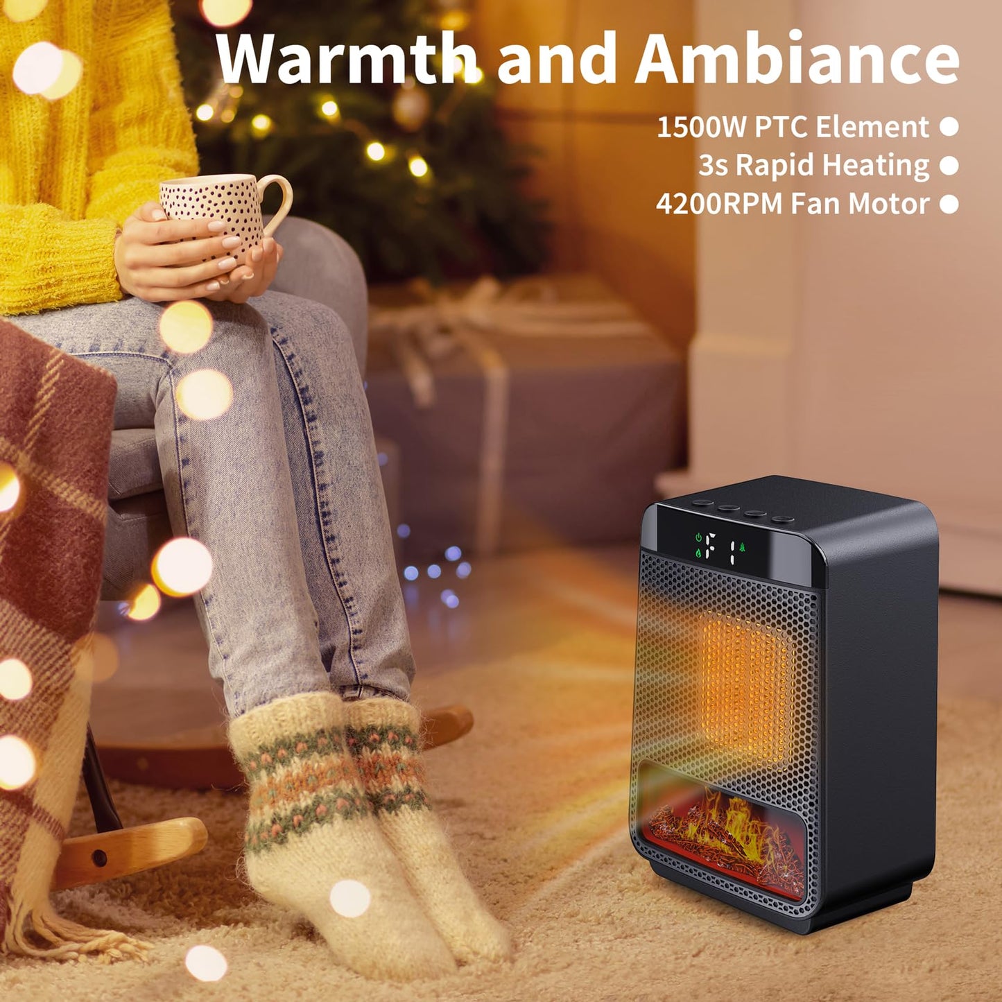 Mini Electric Fireplace Heater for Indoor Use,1500W Small Space Fireplace Heater with 3D LED Flame,Safety Protection,Portable Desktop Fireplace Heater for Office Home Christmas Decoration(Black)