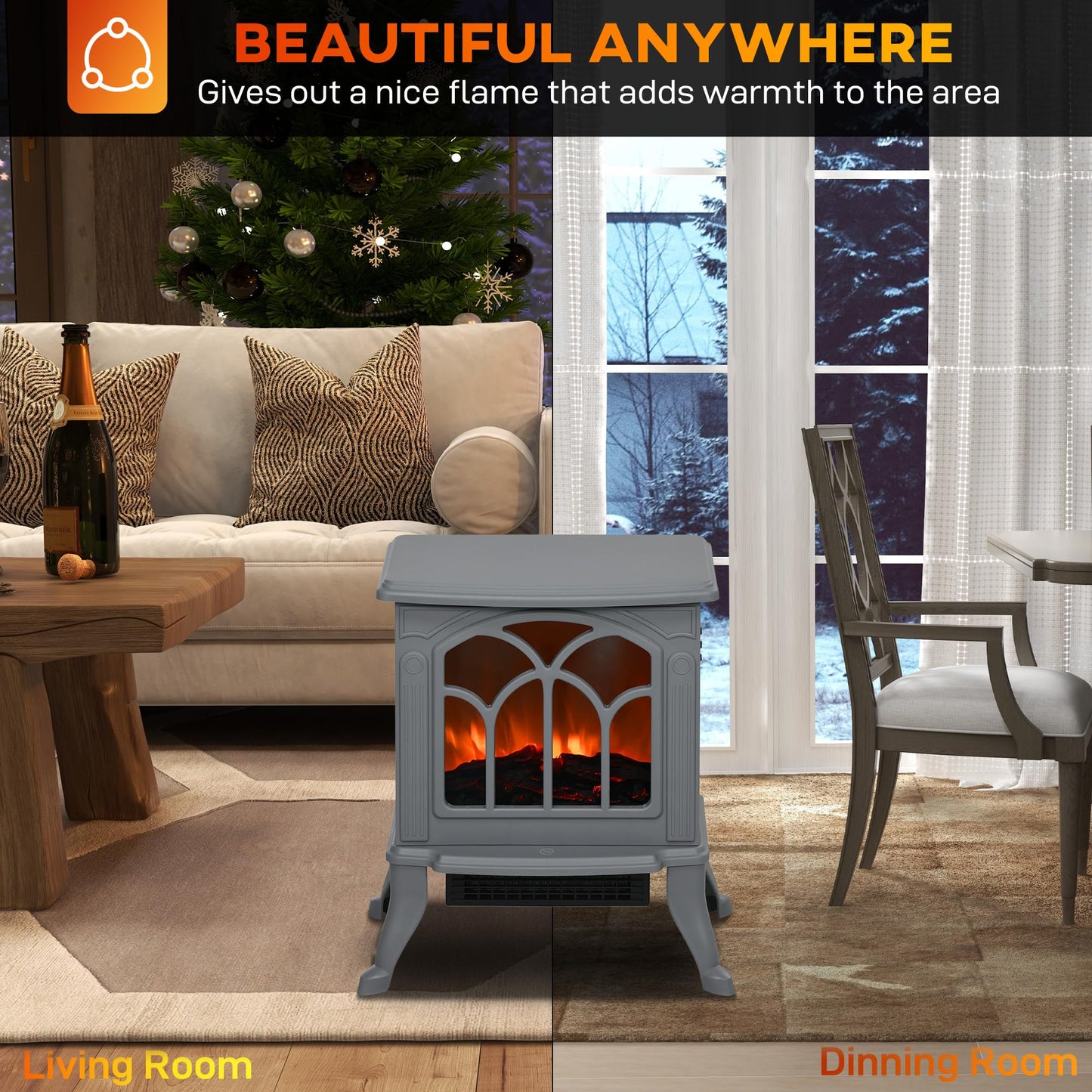 HOMCOM 17" Freestanding Electric Fireplace Stove, Fire Place Heater with Realistic Logs and Flame Effect and Overheat Protection, 750W/1500W, Gray