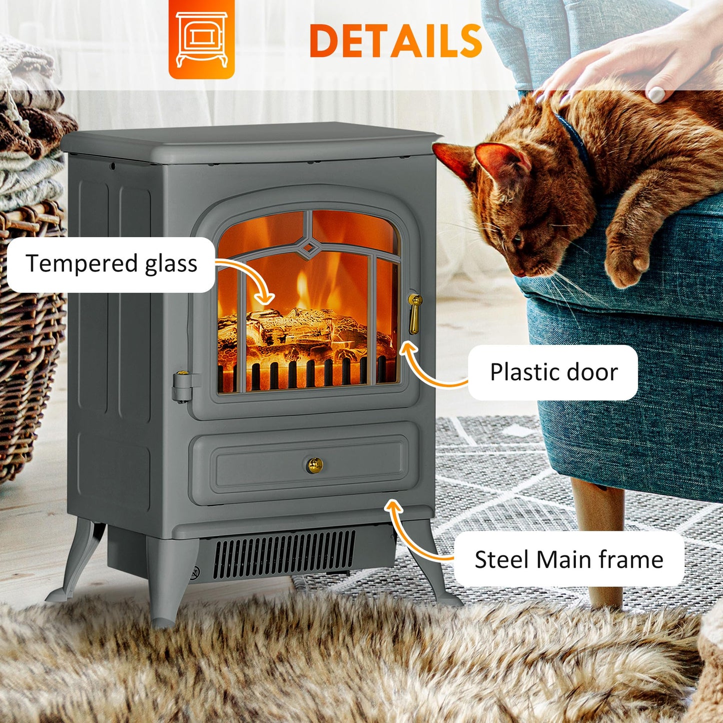 HOMCOM 22" Electric Fireplace Heater, Freestanding Fire Place Stove with Realistic LED Flames and Logs, and Overheating Protection, 750W/1500W, Gray