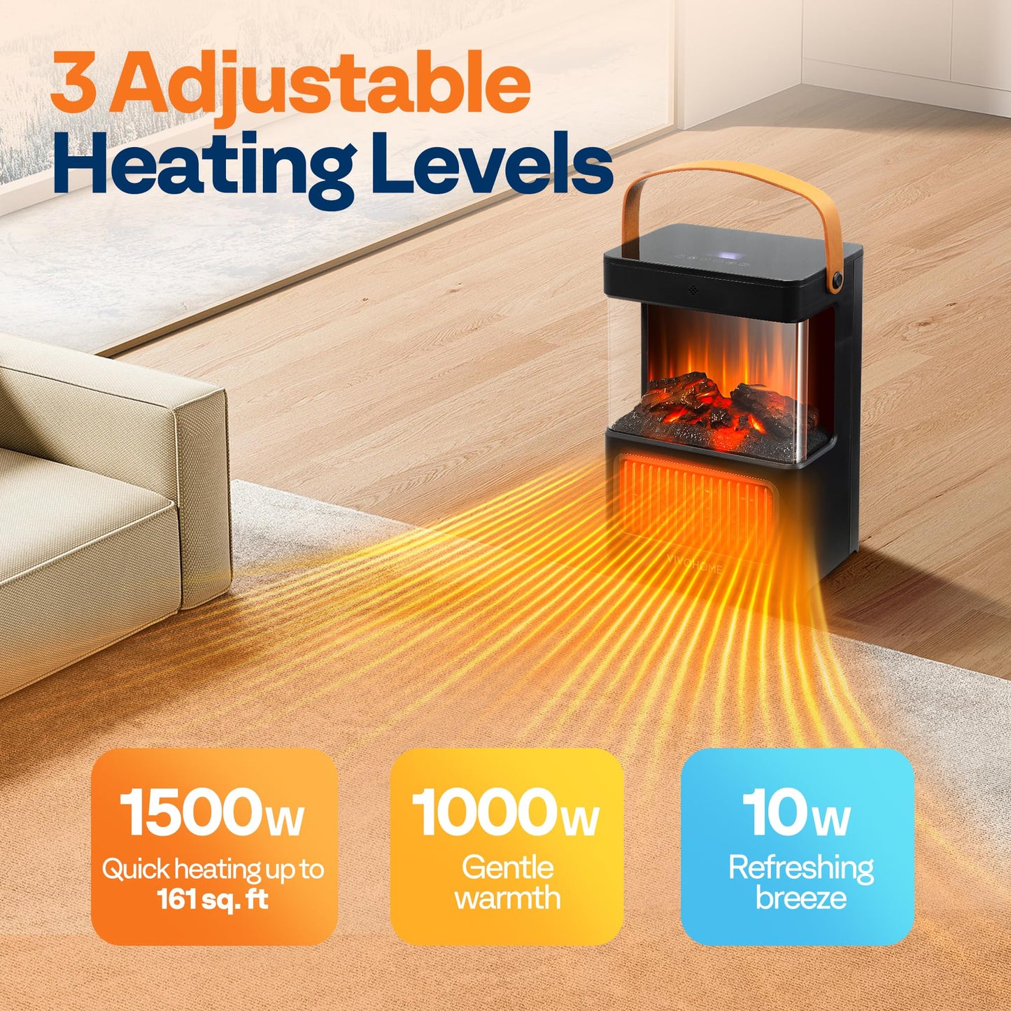 VIVOHOME Portable Electric Fireplace Heater with Realistic Logs and Flame Effect, Freestanding Space Heater with Touch Control and Remote, Mini Fireplace with Timer, Overheat Protection